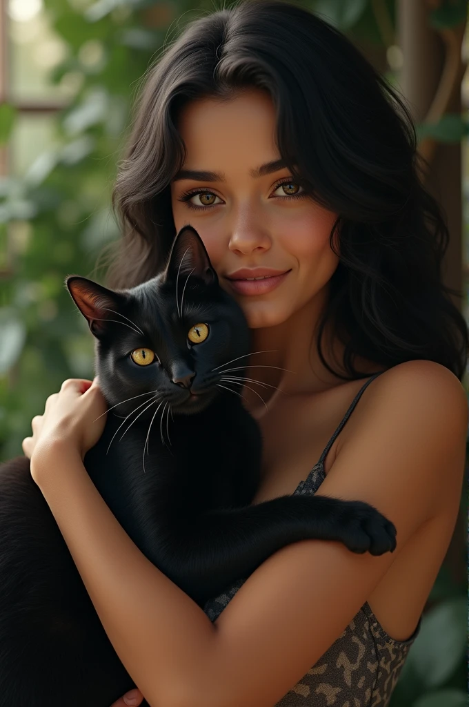 (photorealism: 1.2), beautiful woman, sitting sideways, focused and concentrated, wearing a light casual feminine look, arafa woman with curly hair, face partially hidden, tanned ameera al taweel, imaan hammam, beautiful latin face, beautiful beautiful woman, she has dark brown skin, beautiful woman, flawless brown skin, beautiful Mexican, the most beautiful woman in the world, beautiful tanned Mexican, jaw-dropping beauty, Photoshop image quality, sitting on a stool, in an imposing frontal position, soft lighting , environment with natural sunlight, cozy room, a woman sitting in front of a painting on an easel, in the painting that is being painted oil painting style, realistic painting style, realistic painting of a black cat with green eyes, realistic oil paint, realistic painting, super realistic painting style, realistic black cat with green eyes oil painting, painting style, realistic oil painting, watercolor painting style, realism art style, beautiful painting, colorful portrait , unfinished painting, painting of a cat in the frame, with intentional and important look sensual, realistic, intricate details, warm colors, by Greg Rutkowski, by Alphonse Mucha