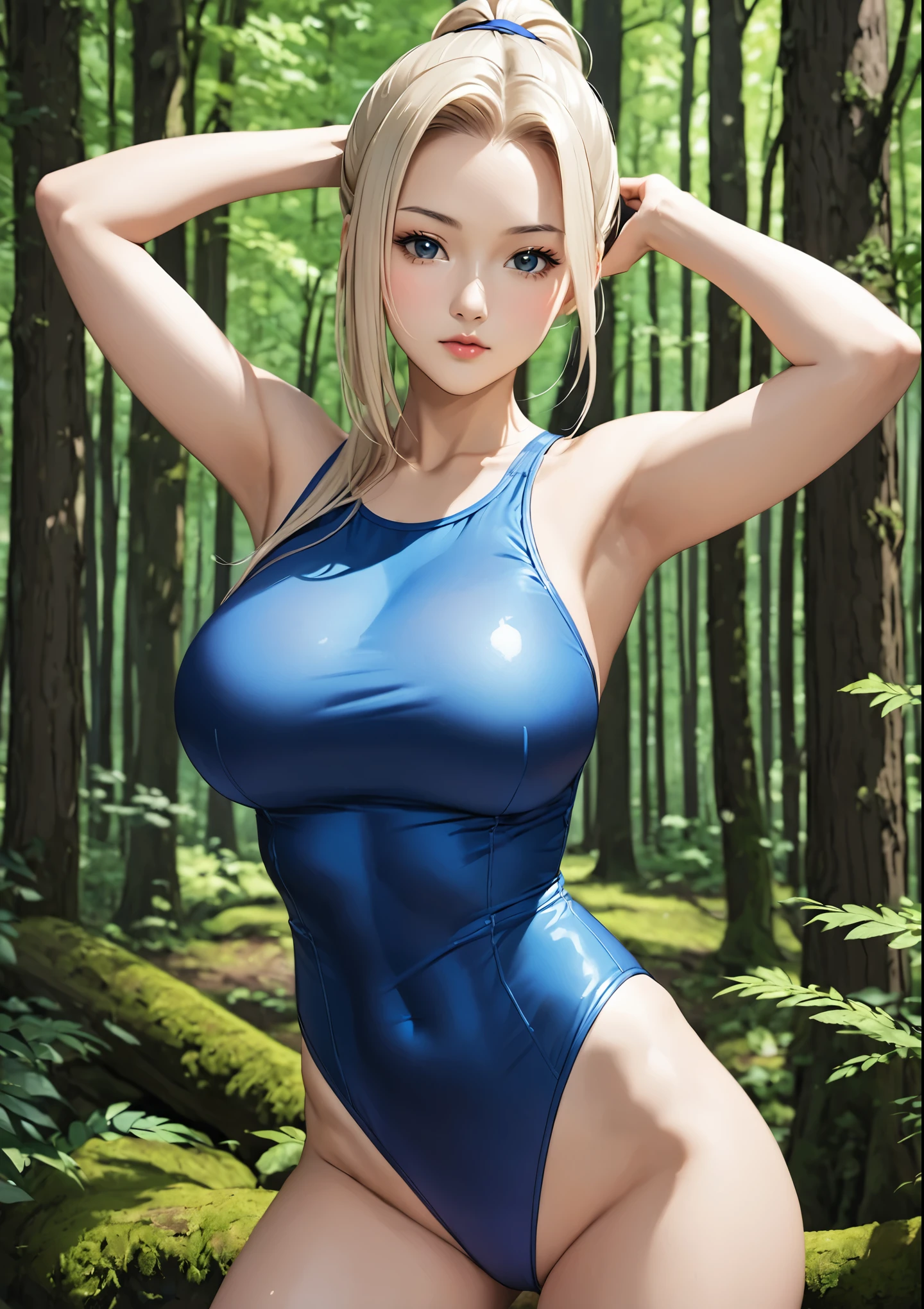 Ino yamanaka is a girl, Girl in blue leotard posing in woodland, Alone, A girl with very long blonde hair tied up, Strong pose, Very beautiful girl. (beautiful girl, ), Perfect Body, Big Breasts, Girls with big breasts, Sexy upper body, Photorealistic perfect body, Sexy body, (The shoulders of the leotard are covered with a tank top, The leotard has a high-cut waist), , Bare legs, Bare shoulders, Bare Arms, looking at viewer, Cowboy Shot, are standing,