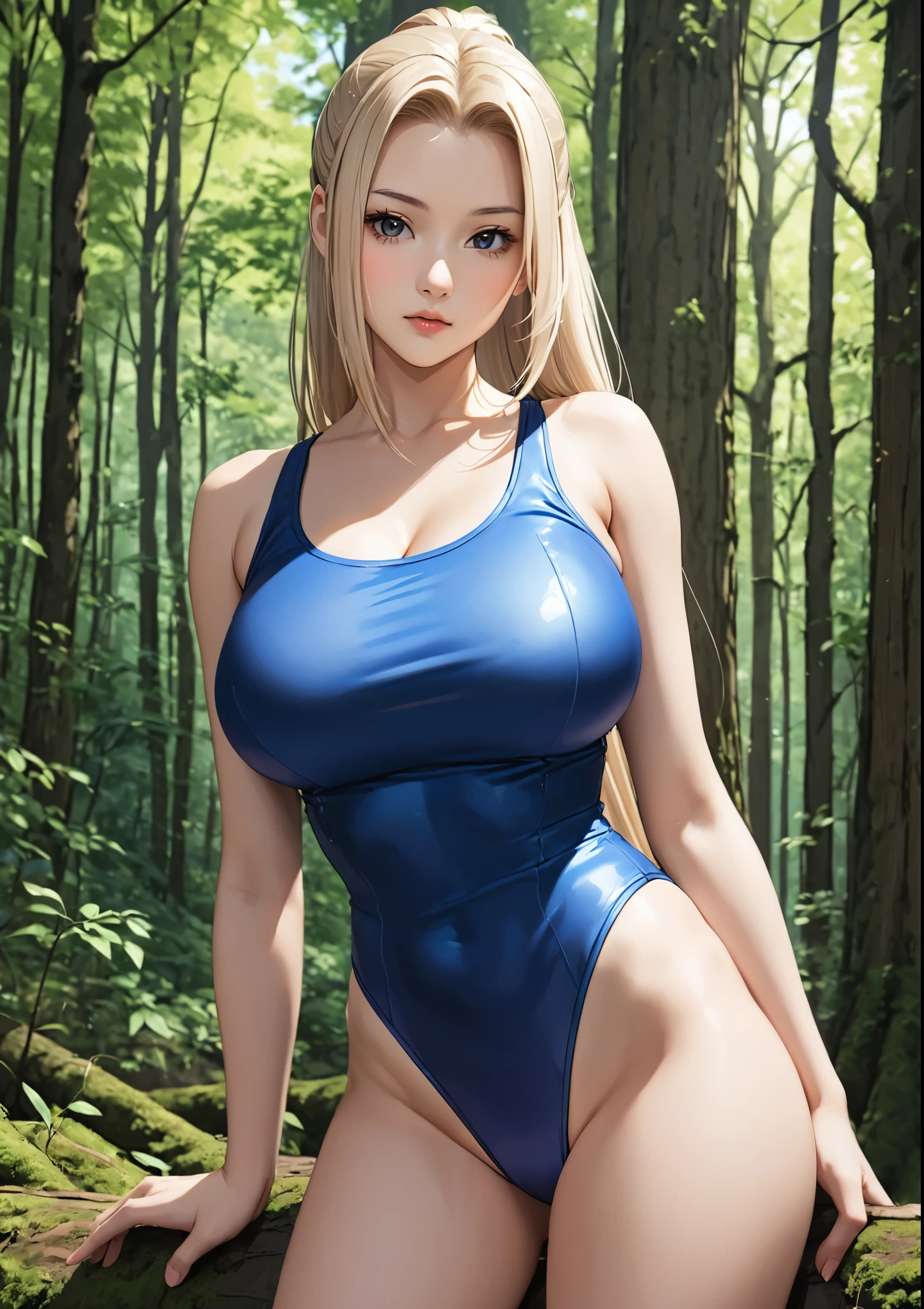 Ino yamanaka as a girl, Girl in blue leotard posing in woodland, Alone, A girl with very long blonde hair tied up, Strong pose, Very beautiful girl. (beautiful girl, ), Perfect Body, Big Breasts, Girls with big breasts, Sexy upper body, Photorealistic perfect body, Sexy body, (The shoulders of the leotard are covered with a tank top, The leotard has a high-cut waist), , Bare legs, Bare shoulders, Bare Arms, looking at viewer, Cowboy Shot, are standing,