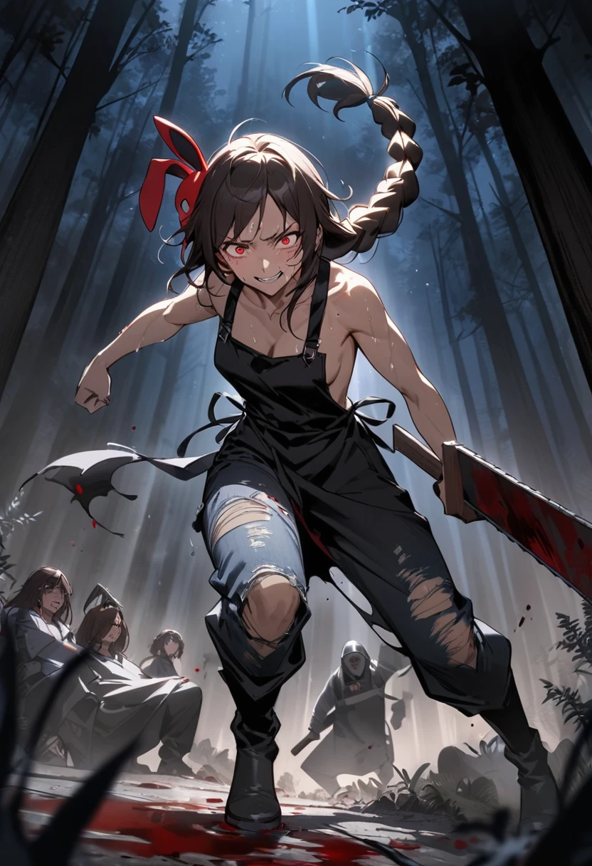 A mature woman surrounded by a forest, Dark brown messy hair in a long braid with sweaty perky bangs, Red eyes, has a simple rabbit mask on the side of his head, He wears a very long black industrial safety apron that reaches down to his feet., evil smile, holding a bloody chainsaw, ripped and torn baggy jeans, shirtless under the apron, dynamic pose, blood stained clothes, at night, dramatic blue light, black boots