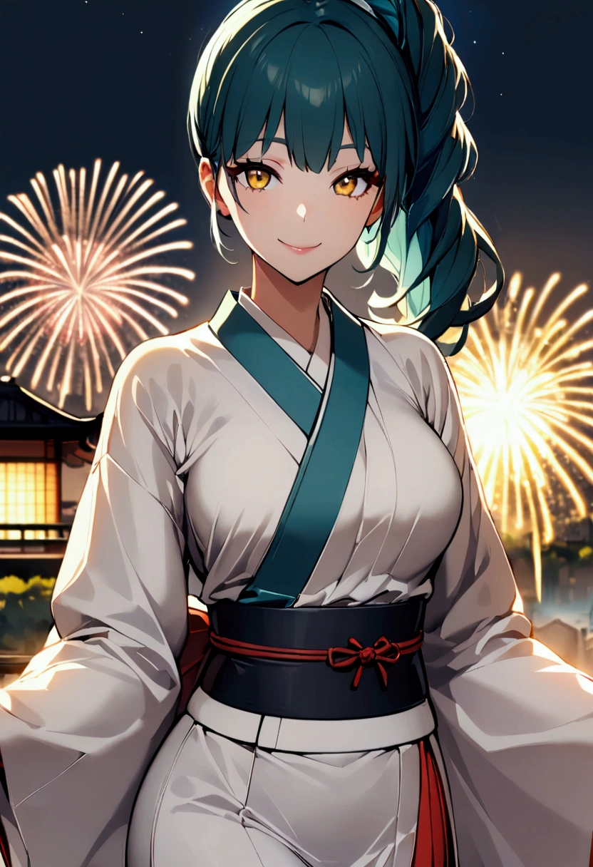 1 girl milf , solo , teal blue ponytail hair ,  yellow lihgt eyes , white eyelashes، hot body , At a firework celebration in traditional Japanese dress on a building while fireworks are exploding in the sky, he looks at the viewer and smiles, his yellow eyes are shining.