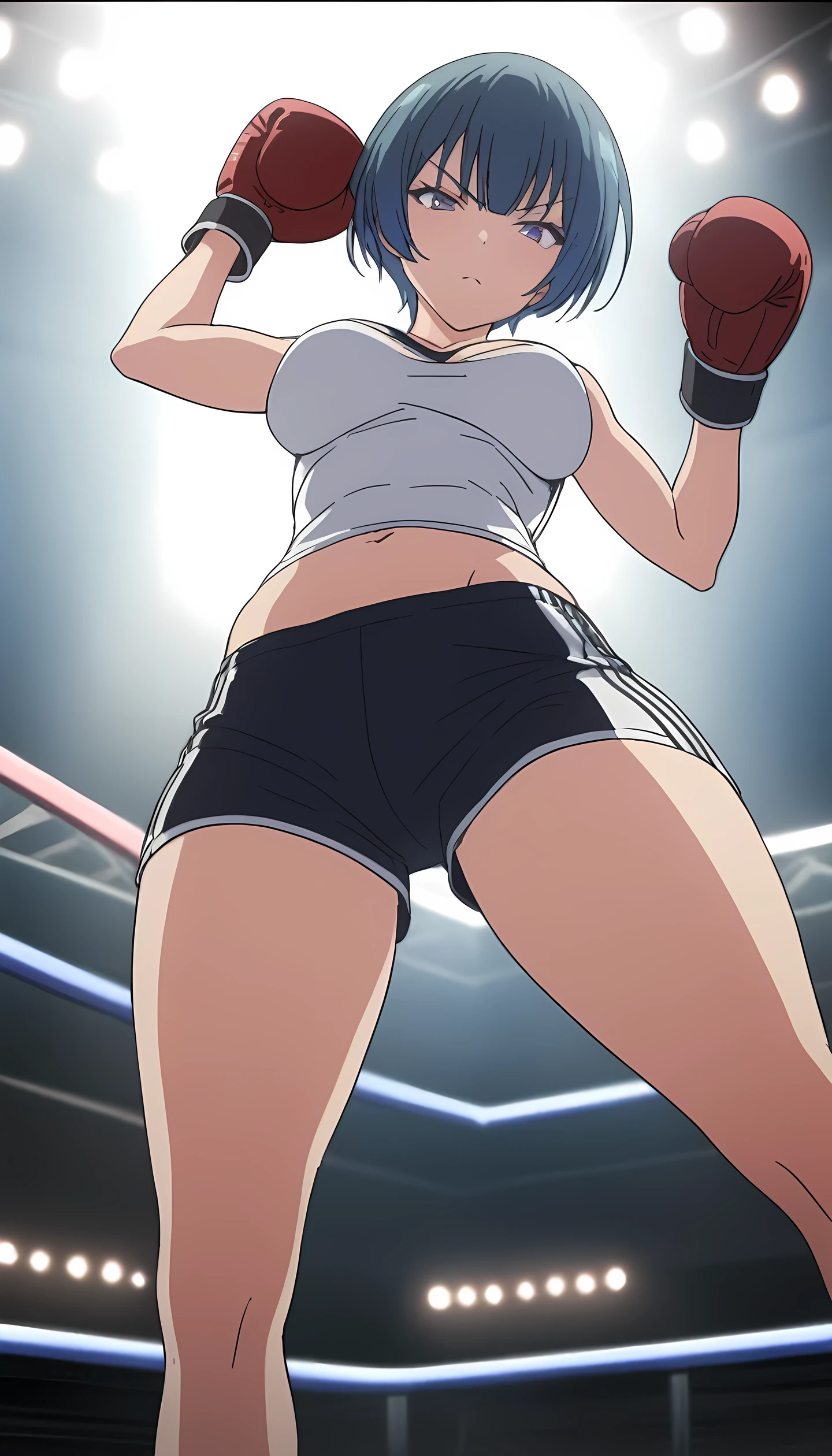 ibuki, 1girl, short hair, bangs, blue hair, purple eyes, midium breast, masterpiece, best quality, (wearing sexy sports wear:1.5, boxing gloves, bare thigh, navel,cleavage), (on MMA Arena :1.5), serious, Toned stomach, long legs, looking at viewer,stage lighting, anime screencap,Ultra HD,Detailed eyes,Detailed face, cowboy shot, fighting, from below,