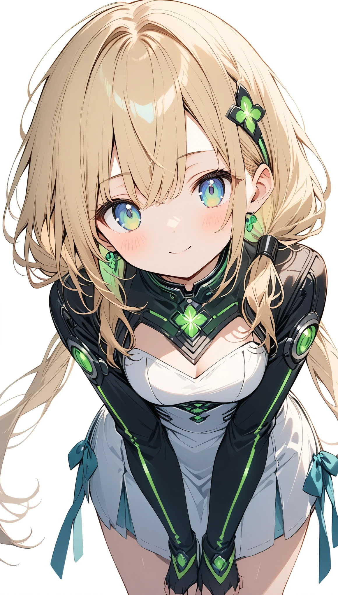 Android Girl、White torso、Green LED、led,Long Hair、blond、low twintails、leaning forward,He looks at me with a strange expression.,cute