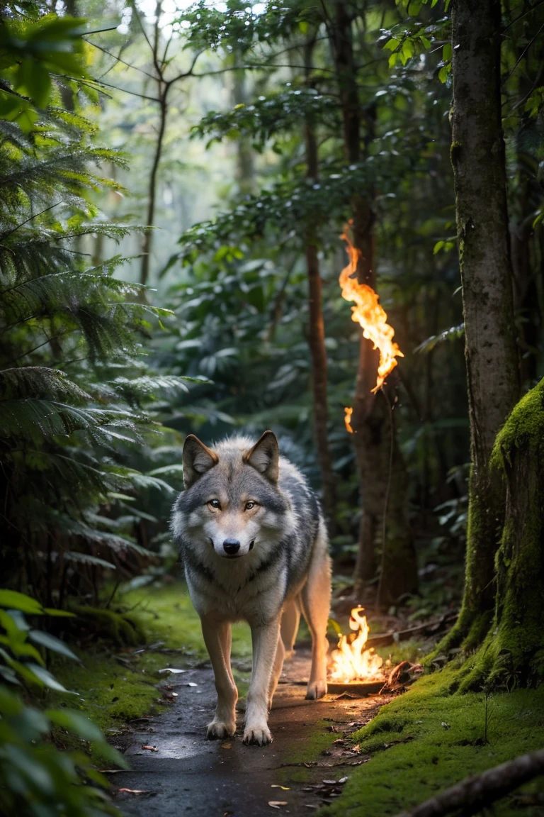 "Visualize a wolf with the scales and tail of a dragon. His eyes are an intense orange and, when it roars, a small flame comes out of his mouth. He walks through a dense forest, with moss and old trees around.