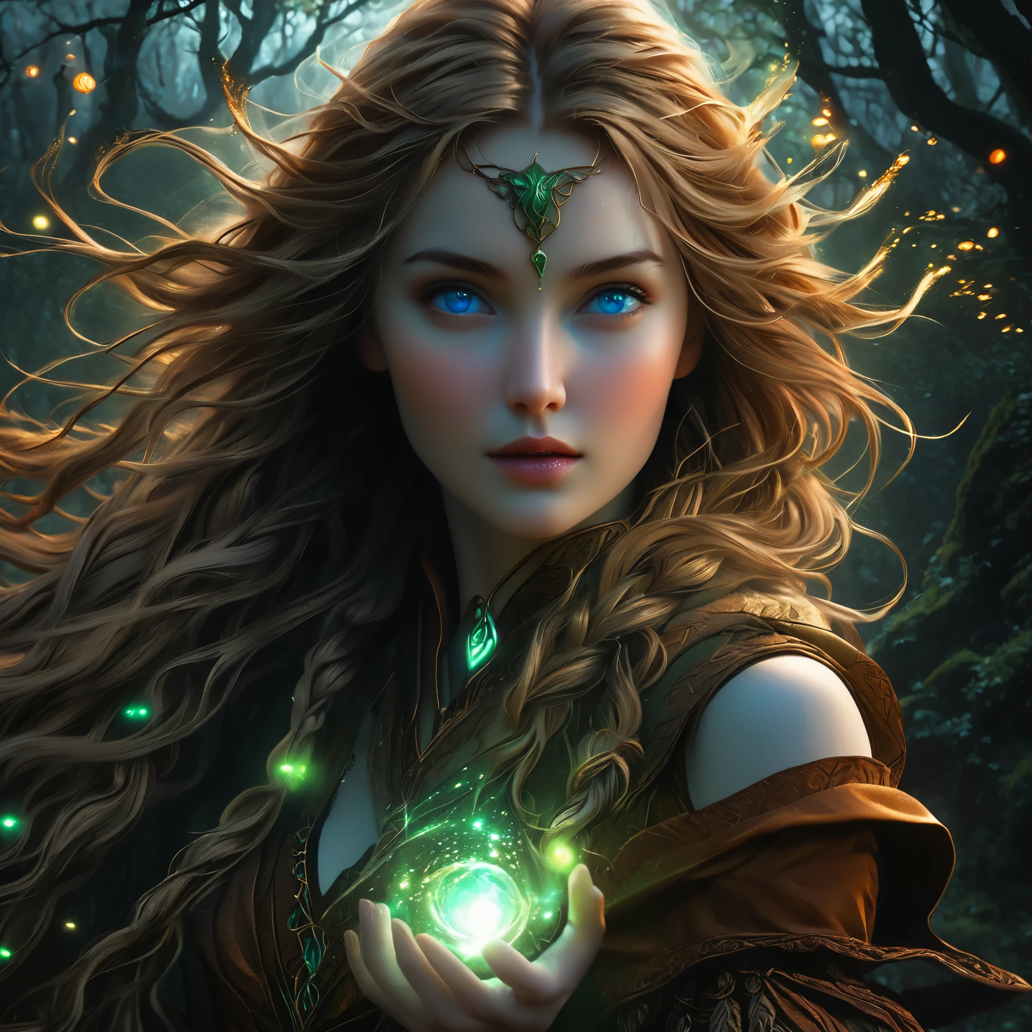 maximum details, cinematic, (abstract art:1.1), stylized, deep shadow, 1 girl, adult (elven:0.7) woman, light blue eyes, light brown fishtail braid,
Style-GravityMagic, focus on character portrait, solo, upper body, looking up, detailed background, detailed face, (glyphtech theme:1.1), joyful expression, druid, wearing natural colored brown clothes, fur-lined, druid staff, feathers, healing magic, runes, glowing orbs, natural magic, moss, stone, orange flowers, lilies, plants, moonlight, filtered light, forest in background, natural uplifting atmosphere, earth tones,