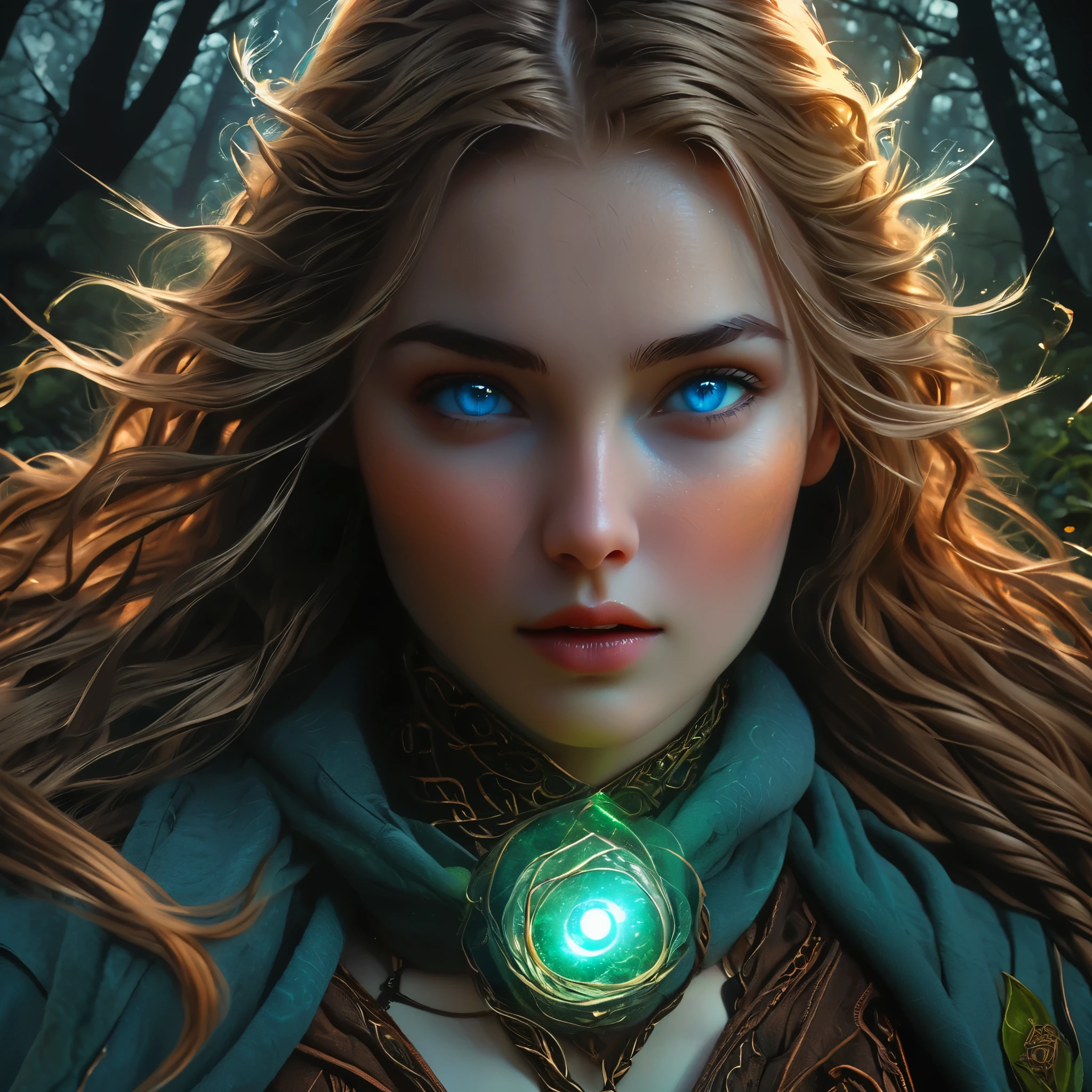 maximum details, cinematic, (abstract art:1.1), stylized, deep shadow, 1 girl, adult (elven:0.7) woman, light blue eyes, light brown fishtail braid,
Style-GravityMagic, focus on character portrait, solo, upper body, looking up, detailed background, detailed face, (glyphtech theme:1.1), joyful expression, druid, wearing natural colored brown clothes, fur-lined, druid staff, feathers, healing magic, runes, glowing orbs, natural magic, moss, stone, orange flowers, lilies, plants, moonlight, filtered light, forest in background, natural uplifting atmosphere, earth tones,