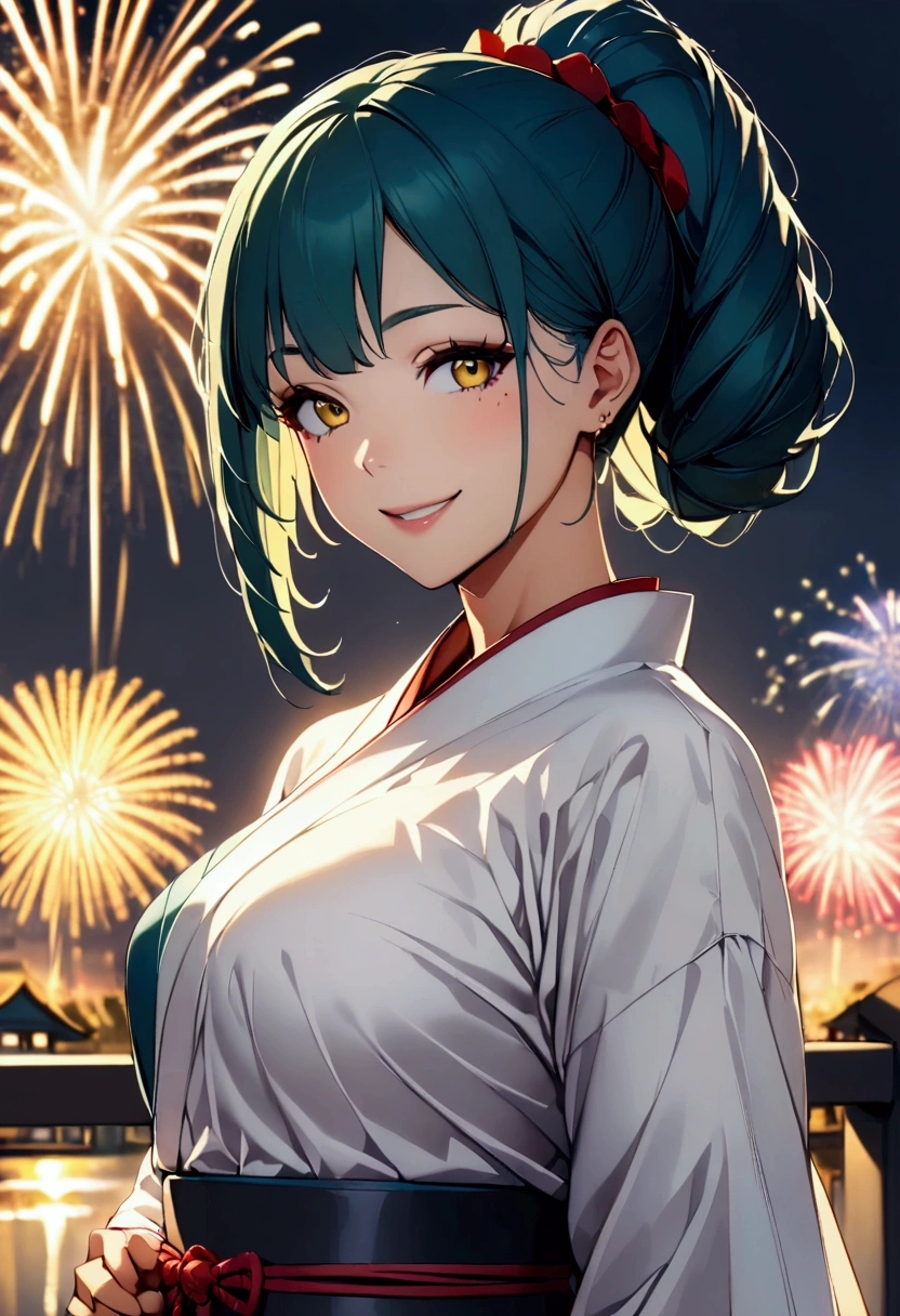 1 girl milf , solo , teal blue ponytail hair ,  yellow lihgt eyes , hot body , At a firework celebration in traditional Japanese dress on a building while fireworks are exploding in the sky, he looks at the viewer and smiles, his yellow eyes are shining.