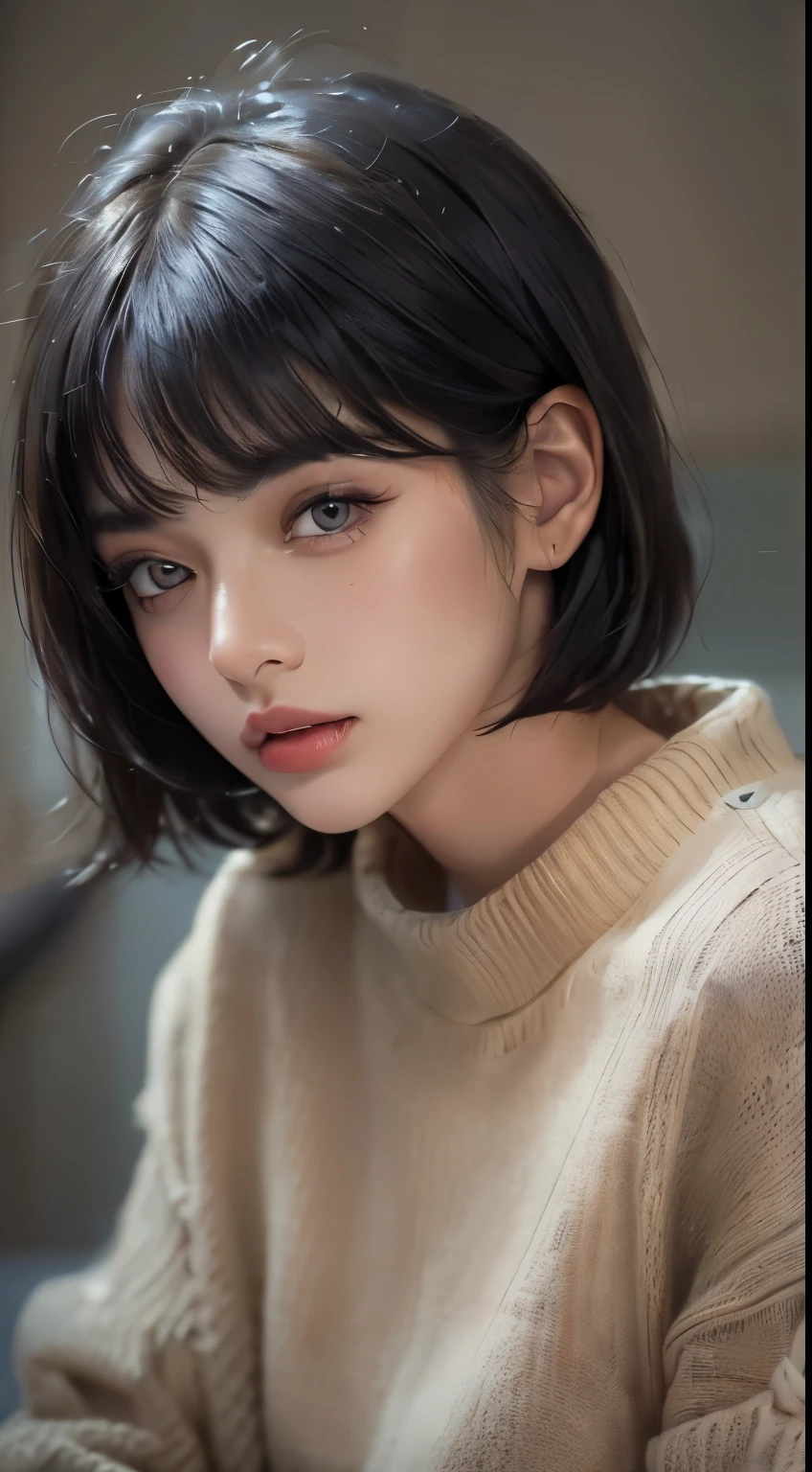 (masterpiece:1.3), (8k, Realistic, raw photo, Best quality: 1.4), (1 woman), Beautiful face, (realistic face), (Black hair, short hair:1.3), Beautiful Hair Style, Realistic eyes, Beautiful detailed eyes, (Realistic 피부), Beautiful skin, (sweater), Absurd, charming, ultra high res, Very realistic, Very detailed, golden ratio