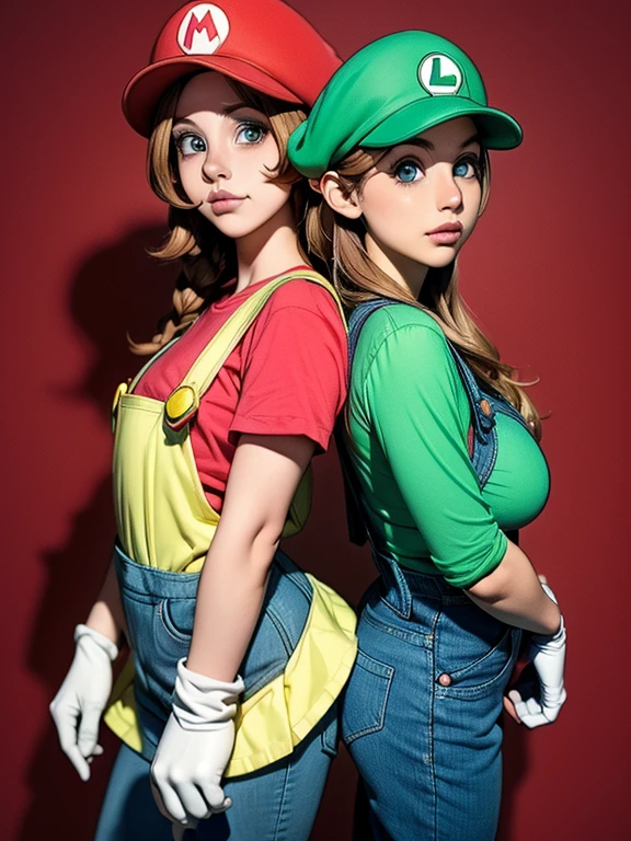 2 girls line up, (girl cosplaying as Mario and girl cosplaying as Luigi), (a girl dressed as Mario has brown bob hair and Brown big eyes:1.4, super cute slightly round face, is wearing Mario's red Casquette, a red shirt, blue overalls, and white gloves), (the other 1 girl dressed as Luigi has blond wavy hair and pale Blue big eyes:1.4, very beautiful slightly narrow face, is wearing Luigi's green Casquette, a green shirt, blue overalls, and white gloves), (Both of them are fake moustaches:1.4, Both of them are leaning forward to emphasize their Big breasts:1.2), background is the pink Mushroom Kingdom, ((masterpiece, best quality, high resolution))