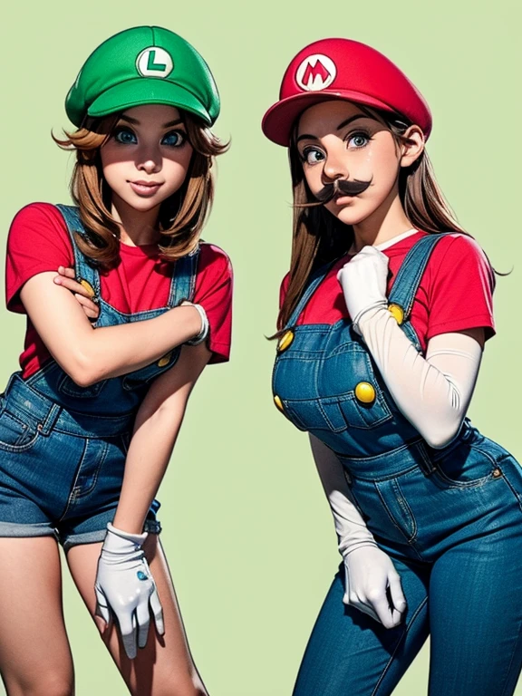 2 girls line up, (girl cosplaying as Mario and girl cosplaying as Luigi), (a girl dressed as Mario has brown bob hair and Brown big eyes:1.4, super cute slightly round face, is wearing Mario's red Casquette, a red shirt, blue overalls, and white gloves), (the other 1 girl dressed as Luigi has blond wavy hair and pale Blue big eyes:1.4, very beautiful slightly narrow face, is wearing Luigi's green Casquette, a green shirt, blue overalls, and white gloves), (Both of them are fake moustaches:1.4, Both of them are leaning forward to emphasize their Big breasts:1.2), background is the pink Mushroom Kingdom, ((masterpiece, best quality, high resolution))