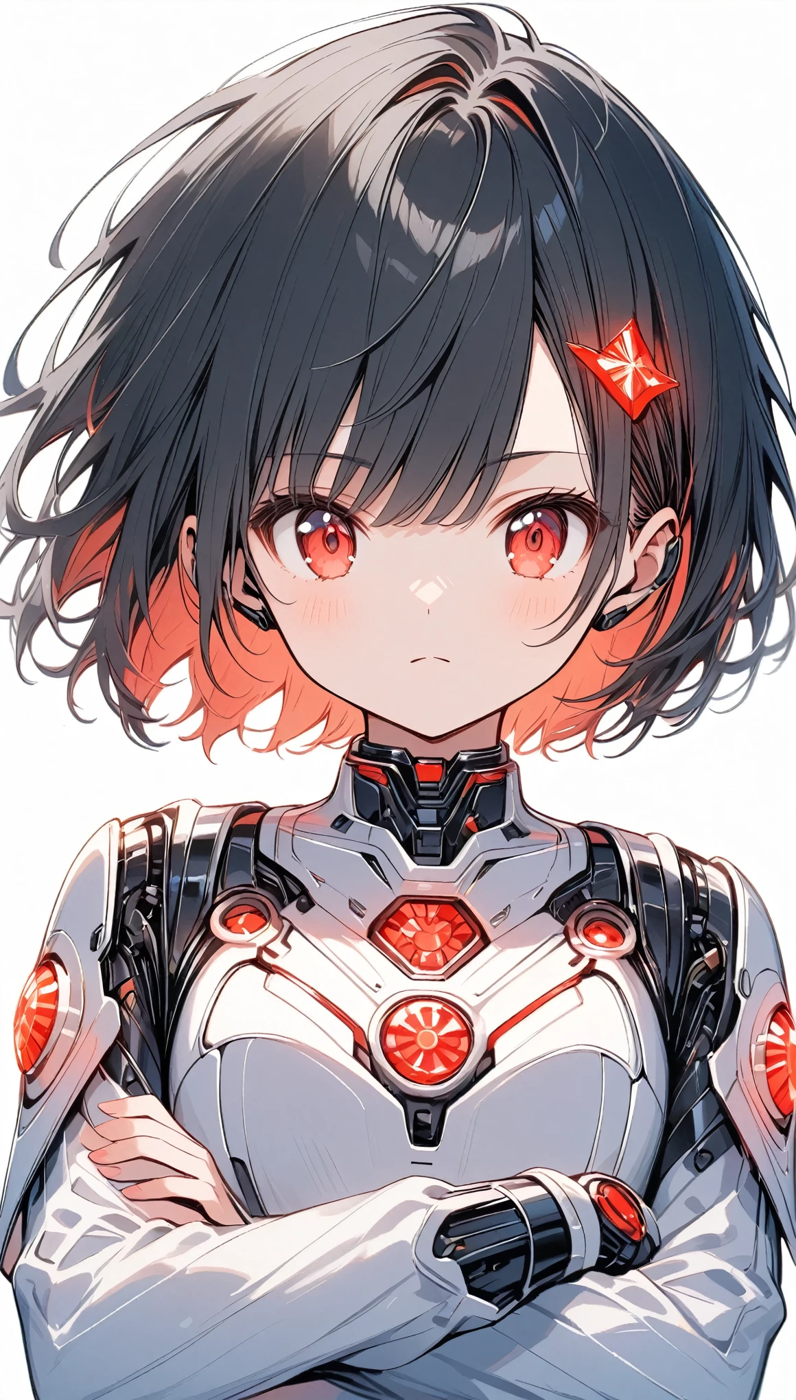 ((Android Girl))、White android torso、Red LED、led,Short Hair、Black Hair、boyish,cute,crossed arms