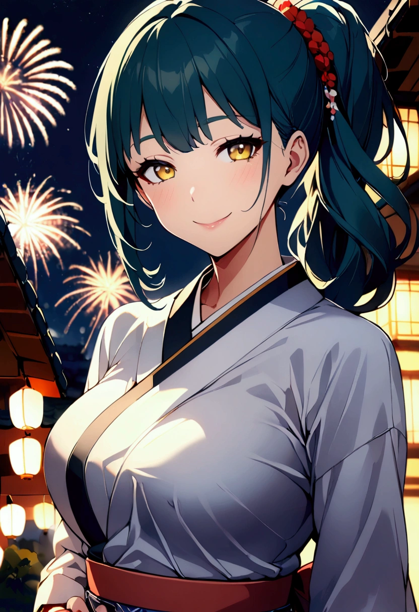 1 girl milf , solo , teal blue ponytail hair ,  yellow lihgt eyes , hot body , At a firework celebration in traditional Japanese dress on a building while fireworks are exploding in the sky, he looks at the viewer and smiles, his yellow eyes are shining.