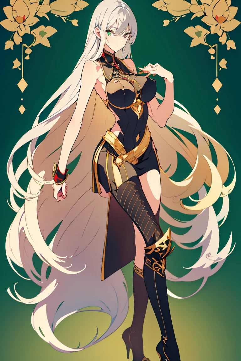 ((Best Quality)), ((masterpiece)), (Familiar), Lusamine,thin,thin,Long blonde hair,Small breasts,Erect nipples,Adult female,Green Eyes,Slanted Eyes,Sleeveless dress,Black Dress,Gold embroidery,White pants style,High heels,Fascinating
