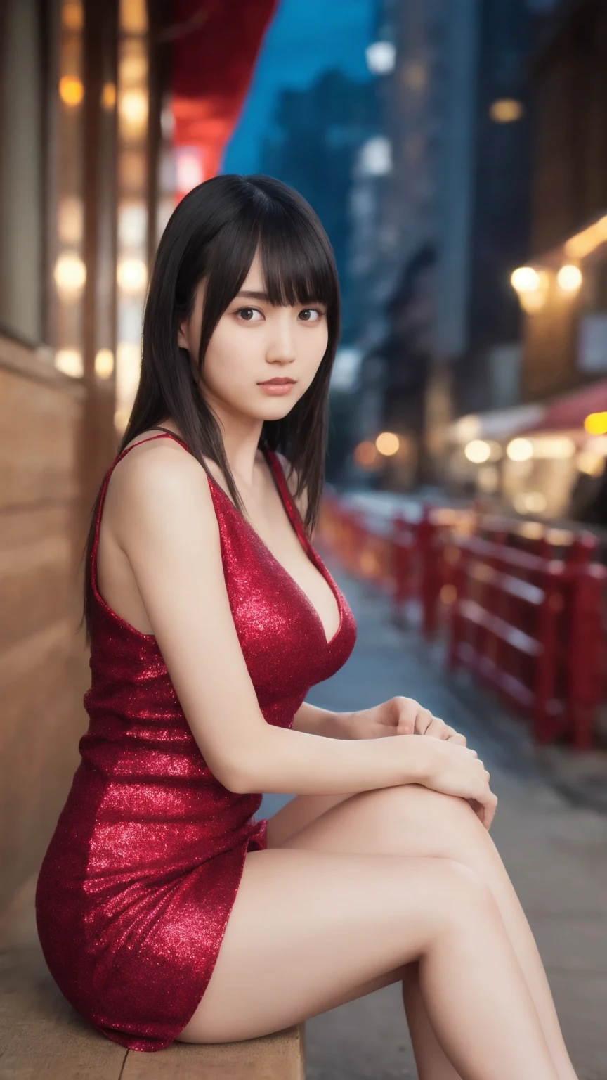 1girl,(wearing a red glittery evening mini dress:1.2),(RAW photo, best quality), (realistic, photo-realistic:1.4), masterpiece, an extremely delicate and beautiful, extremely detailed, 2k wallpaper, Amazing, finely detail, extremely detailed CG unity 8k wallpaper, ultra-detailed, highres, soft light, beautiful detailed girl, extremely detailed eyes and face, beautiful detailed nose, beautiful detailed eyes,cinematic lighting,city lights at night,slender body,(long hair with bangs), big breast:1.5, full body:1.4, sitting.