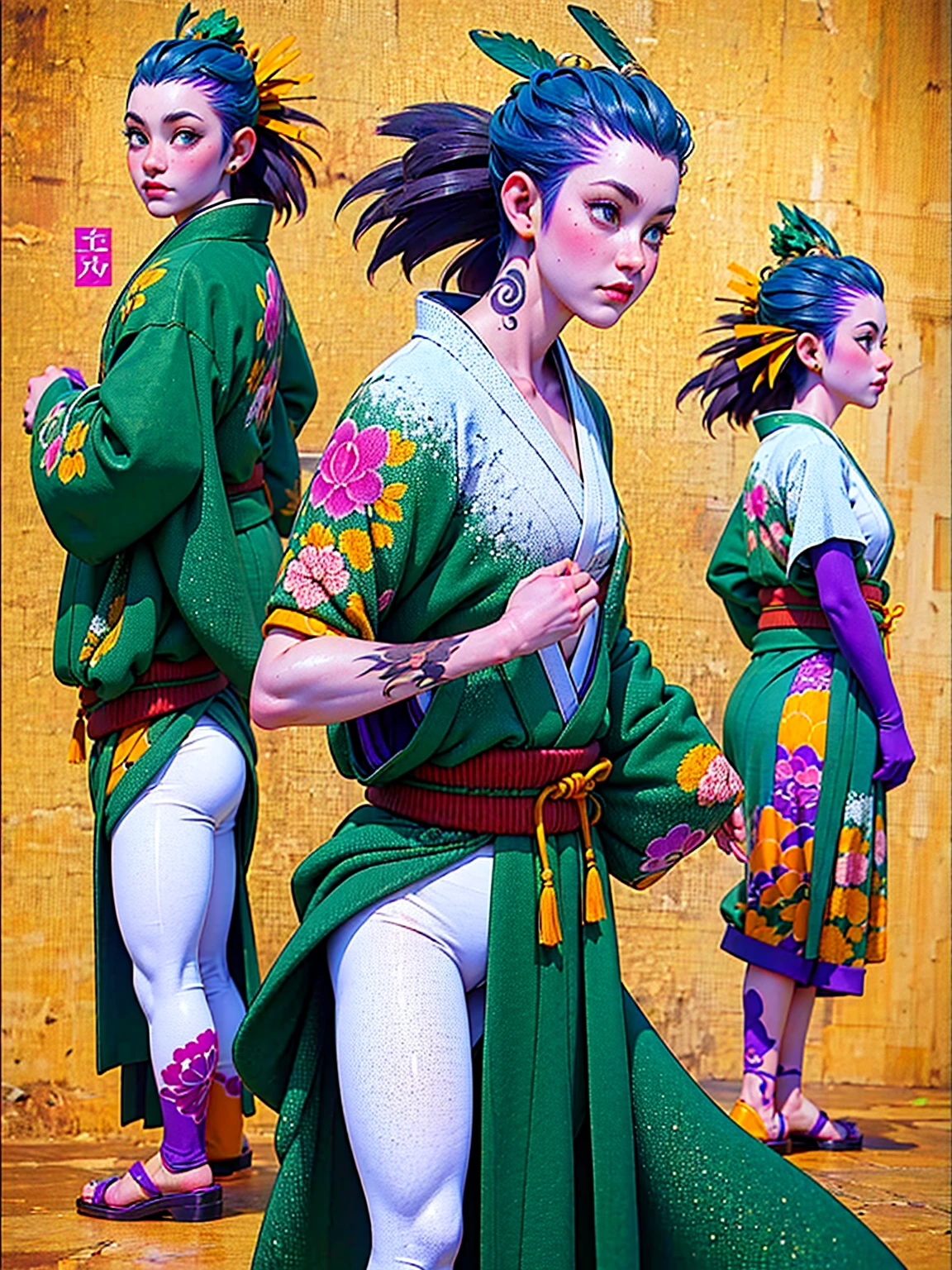 ((masterpiece)), ((High resolution)), ((Very delicate)), (Woman with full body tattoos),(Character design sheet, Same character, front、side、back,Three-dimensional view of the human body))) Green Mohawk、kimono、White pants
