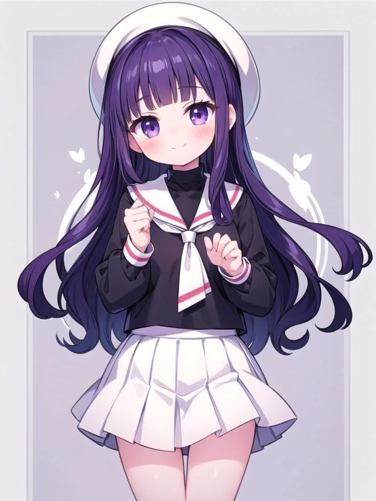 1girl, masterpiece, best quality, perfect hands, smile, blush, closed mouth, tomoyo, dark purple hair, very long hair, purple eyes, school uniform, white sailor collar, ((black shirt)), long sleeves, white skirt, pleated skirt, white hat, beret, cowboy shot, bare legs, blunt bangs, straight hair