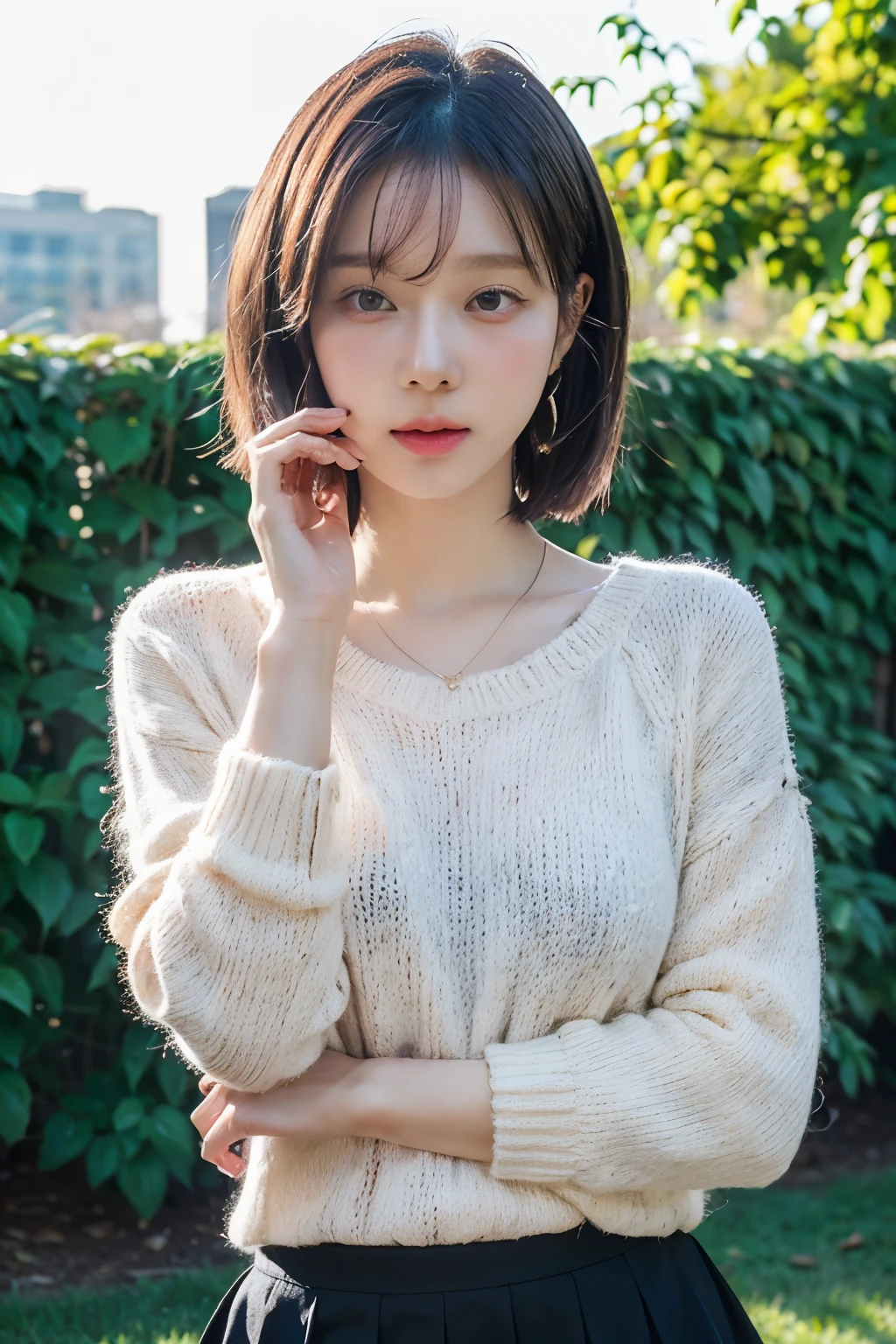 ((Masterpiece, high quality, ultra detailed, photorealistic, 8K)),  1 Korean girl, black hair, blunt bob cut hair, thin cheeks, white shirt and pink sweater, mini black skirt, cute eyes, Winter Aespa, random poses, in the school garden, best photoshoot, Kpop, (wearing accessories), perfect body, perfect eyes, perfect face