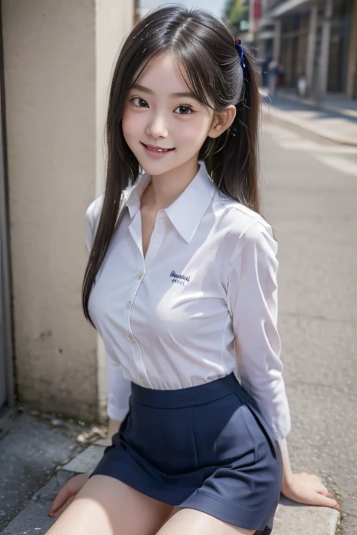 ((2.5th Dimension Girl))、(Best Quality,masterpiece:1.3,Ultra-high resolution),(Very detailed、Caustics) (Realistic:1.4, RAW shooting、)Ultra-Realistic Capture、Very detailed、Natural skin texture、masterpiece、(A Japanese elementary school girl wearing a white shirt and a navy blue micro mini skirt:1.3)、Adorable expression、Expression of happiness、、height: 140cm、baby face、Innocent Girl、Amazingly cute、Twin tail hairstyle、Curly Hair、Ribbon tie、Black Hair、Large Breasts、Shining thighs、Shining butt、The photo was taken on a major street in a tourist area.、Summer early morning、Background details、smile、An inviting gaze、(Anatomically correct)、Cowboy Shot、Attention to detail