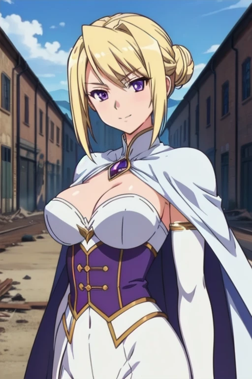 1girl,,big breasts,standing in ruined city,(8k),scratches,detailed face,blond hair, purple eyes, short hair, small smile face,bun,hair, ,white corset,white cape,white gloves, (Emma Frost Custome:1.1),