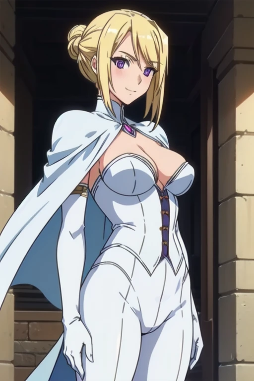 1girl,,big breasts,standing in ruined city,(8k),scratches,detailed face,blond hair, purple eyes, short hair, small smile face,bun,hair, ,white corset,white cape,white gloves, (Emma Frost Custome:1.1),