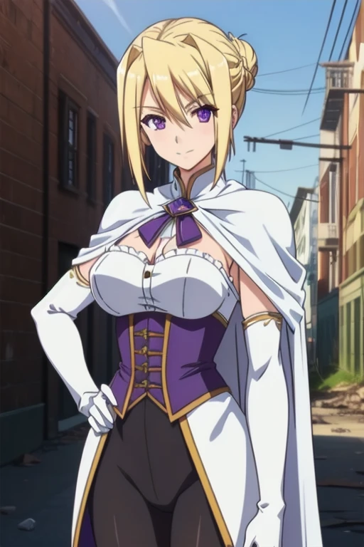 1girl,,big breasts,standing in ruined city,(8k),scratches,detailed face,blond hair, purple eyes, short hair, small smile face,bun,hair, ,white corset,white cape,white gloves