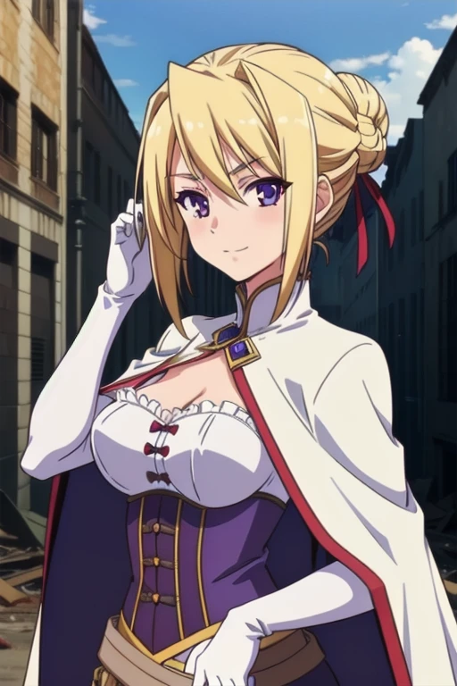 1girl,,big breasts,standing in ruined city,(8k),scratches,detailed face,blond hair, purple eyes, short hair, small smile face,bun,hair, ,white corset,white cape,white gloves