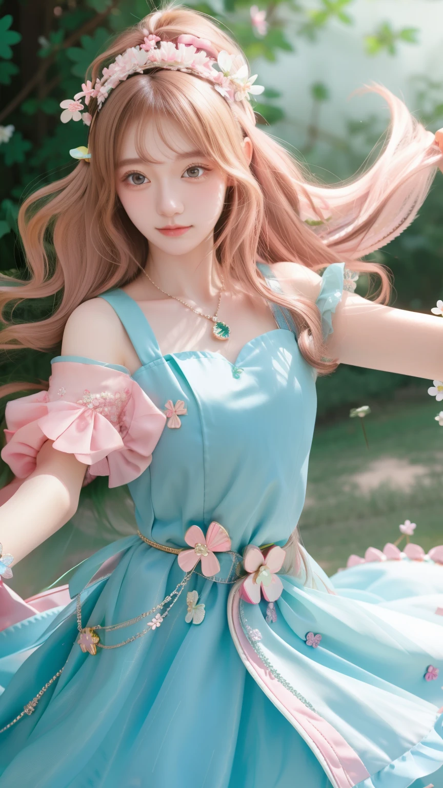 girl, Detailed hair, Detailed eyes, shy, facial hair, Clover Headdress, Horai&#39;s Jewel Branch, bijouterie, light blush, light blush, Musical note headdress, Blue dress, Princess Dress, glowing lights, Ray tracing, flower, Chromatic Abuse, motion blur, 4K, ultra high definition, masterpiece, Dancing pose,