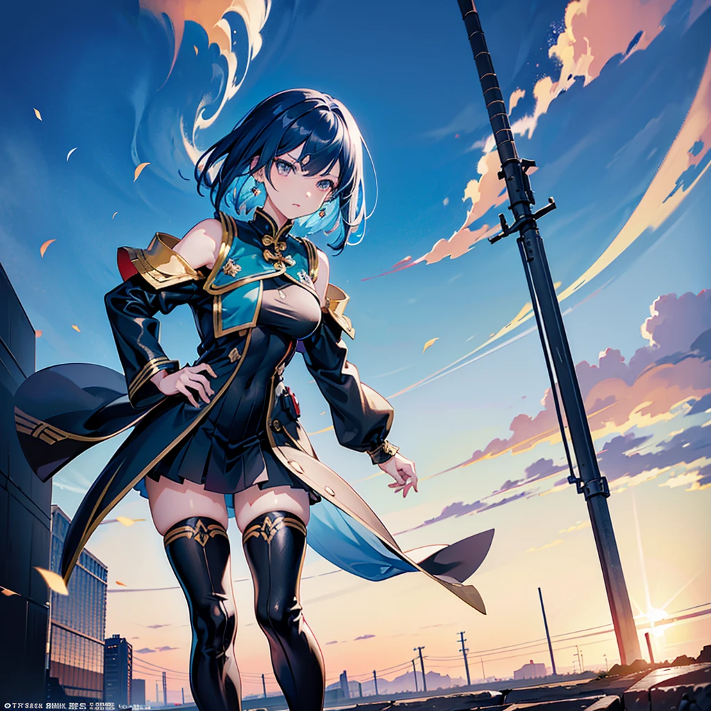 dark blue hair, sky blue inner hair,A military-like temperament、Dynamic bob cut hairstyle short hair woman 1.8,、Orange Eyes 1.8、Wearing a futuristic black and white military uniform with gold and red accents..5, Includes armor-like shoulder pads and strategic fastenings.9. Leather boots、She puts one hand on her hip、Standing confidently with the other hand slightly extended。, Looking into the distance. The background shows a desolate landscape with broken high-rise buildings., Streets etc., Beautifully illuminated sky at sunset, Create a dangerous and violent atmosphere. Light comes from the left, Cast a dramatic shadow、emphasize her strength, A breezy way of running,Powerful pose. In a scene captured from a low angle、, Focus on her, The background is a bit blurred, Show a shallow depth of field.Anime girl in a short skirt and black top, Ayaka Genshin Impact, Amazing anime 8k, Best anime 4k konachan wallpaper, Trending on ArtStation and pixiv, Portrait of a female anime hero, Highly detailed official artwork, Female Action Anime Girl, Anime Wallpaper 4K, 4K Anime Wallpapers, anime art wallpaper 4k、One light blue teardrop-shaped earring on the left ear only.8、Emerald green jewel anklet on the left foot 1.8