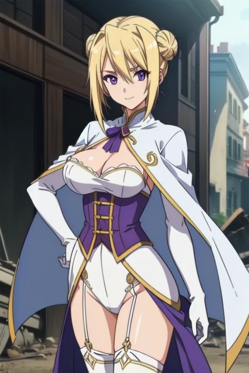 1girl,,big breasts,standing in ruined city,(8k),scratches,detailed face,blond hair, purple eyes, short hair, small smile face,bun,hair, ,white corset,white cape,white gloves