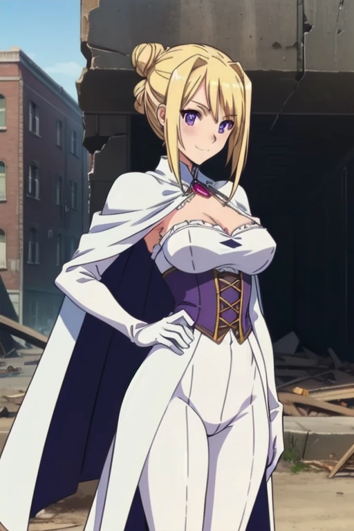 1girl,,big breasts,standing in ruined city,(8k),scratches,detailed face,blond hair, purple eyes, short hair, small smile face,bun,hair, ,white corset,white cape,white gloves