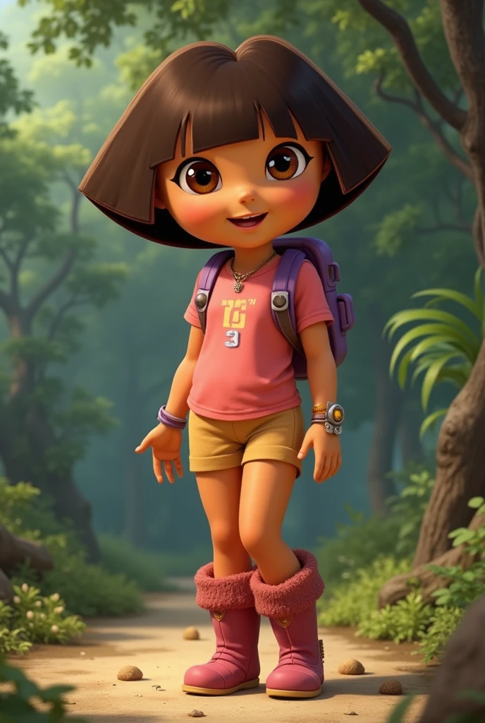 a magnificent 18k real dora the explorer, model, full body view ((blue eyes, highly detailed face and eyes)), photorealistic, 8k, best quality, masterpiece, intricate details, hyper realistic, cinematic lighting, vibrant colors, digital art, fantasy, elegant, ethereal, beautiful, alluring, mystical