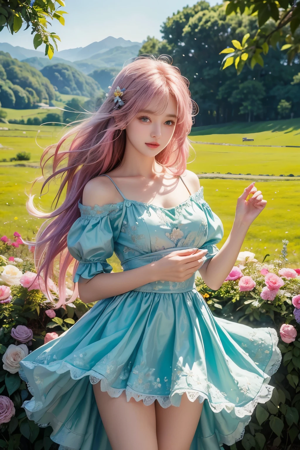 (Best quality,4K,8k,high resolution,masterpiece:1.2),Very - detailed,(Current,In reality,In reality:1.37),girl in a luxurious blue dress,The eyes were shining with joy, Her lips were slightly curved.,Show a gentle smile. The sun cast a warm golden glow on her face., enhance her beauty. The flower colors are bright pink and purple.、Rich in soft pastel colors。, Create harmonious and visually pleasing works. Soft, diffused lighting, Create a dreamy and fantastical atmosphere. girl standing in the middle of the field, Please raise your arms a little., Embrace the beauty of nature. A carefully balanced composition, girl'Off-center location, Create movement and energy.. The details of the flower were drawn very carefully...., Each petal and leaf is delicately expressed... girl'The skirt hugs her elegantly., Add elegance and femininity to the scene. All inclusive, A work that evokes pleasant emotions, deify, Appreciation for the beauty of nature.........