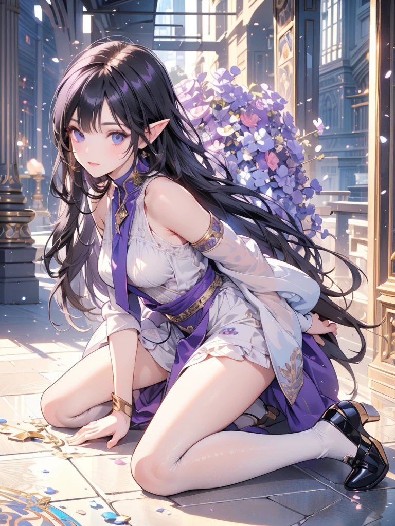 masterpiece, best quality, 1lady, ultra detailed, ultra highres, 8k, well-definded facial features, anatomically correct, cute lady, long pointy ears, elf, nice face, black hair, puple eyes, (long shot), (kneeling down on the floor:1.3), by Alfons Mucha,