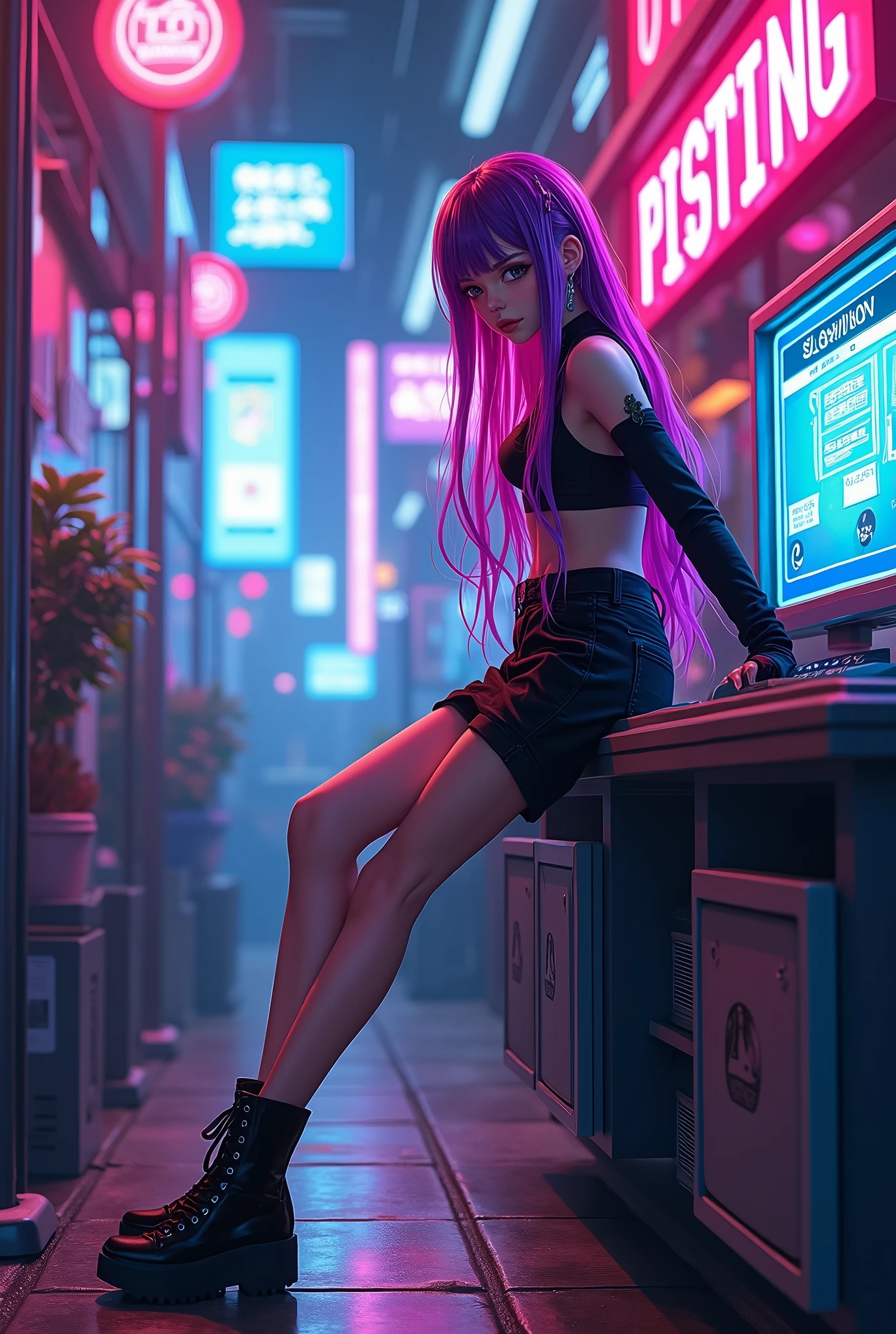 Anime style:1.6,  full body, leaning on a pair with pissing signs, 1 cyber goth girl, Long hair in a pink color with a gradient of violet, cyber goth clothing, very colorful scene, Neon lights, cyber ornaments, Computers, computer terminals, Japanese manga style:1.5. HD,Hyper detailed and realistic 8K, skin texture:1.4