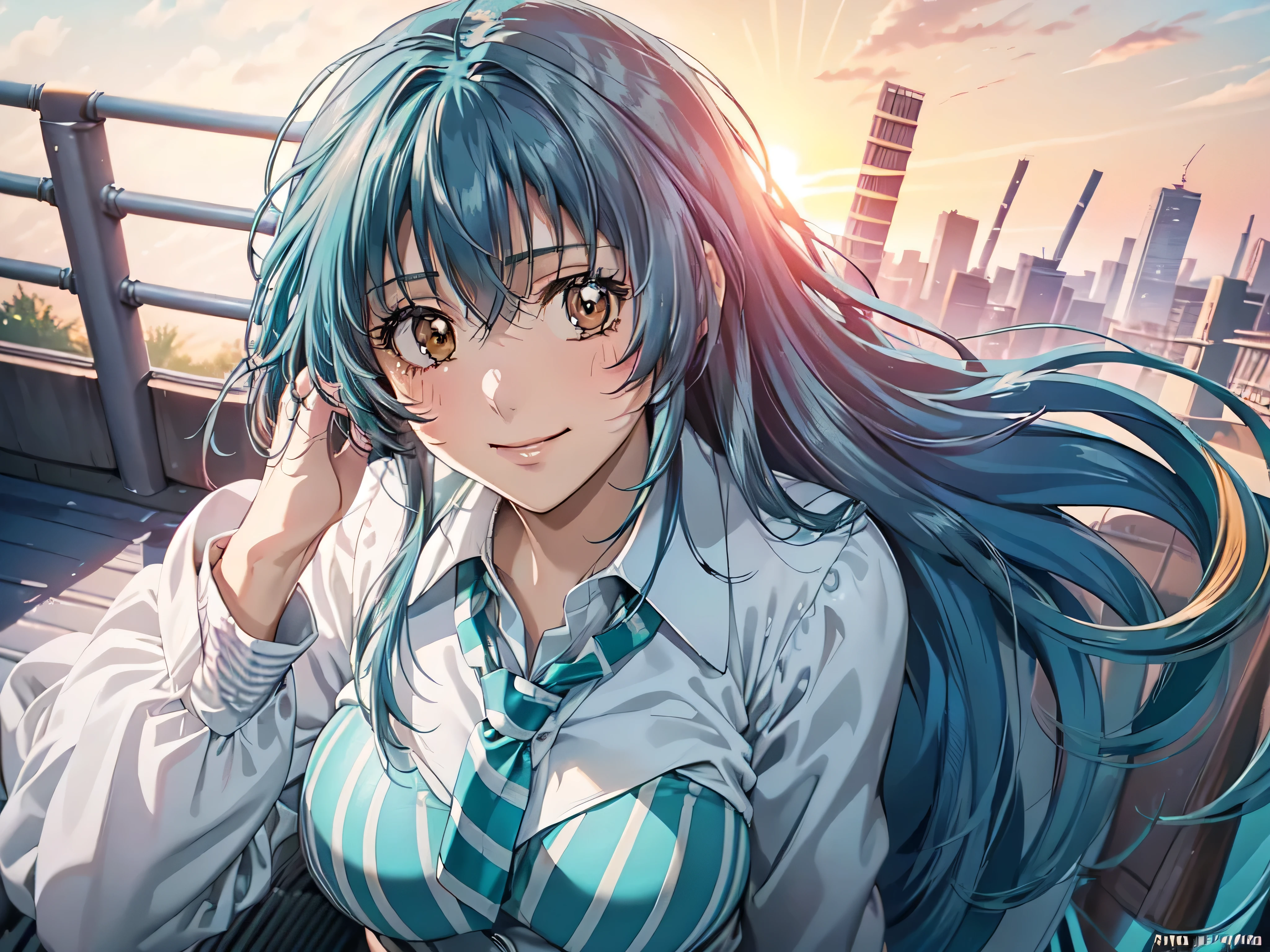 kanamechidori, (masterpiece, Highest quality, beautifully、beautiful:1.3), (teenager), One girl,alone, (Cute Smile:1.2), (Silvery darkturquoise hair with steelblue stripes:1.4), (Gradient darkturquoise hair tip:1.6), hair, Ridiculously long hair, Wavy hair, Shining hair, Floating hair, (Deep Brown eyes), Delicate eyes, Brown eyes, Very beautiful eyes, Long upper eyelashes, Compensate, Focus on the face, Very detailed facial, Pretty face, Perfect breasts, Hot body, (Delicate skin texture:1.2), (school uniform:1.1, red ribbon tie:1.1), (Receiving a confession on the school rooftop with the sunset and fence behind me。I got closest to that smile:1.2), Very detailed, gravure, (cinematic angle:1.2),