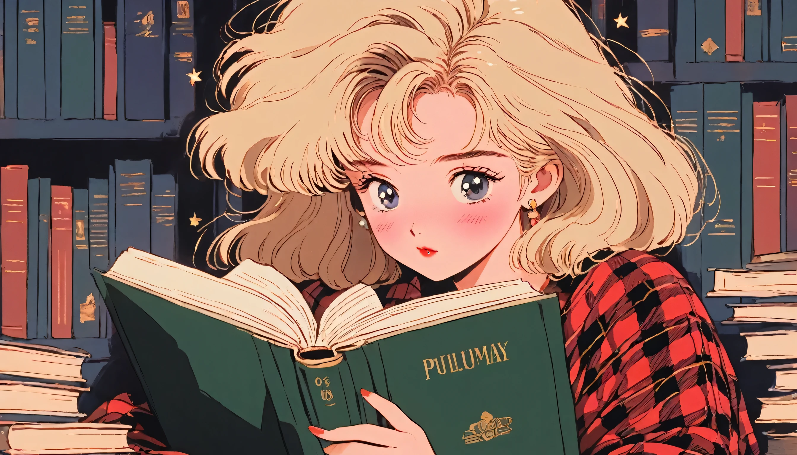 90's anime style, 1990s style, clear, 1980s style, (blush:1.7), the highest quality, 8k, close up, lofi girl, lofi art, lofi feeling, very big eyes, a blonde bobbed hair cute, A girl who leans on her pillow and reading a book, her eyes on the book, dark lighting background with no other elements except tiny gold sparkles, wearing red plaid pattern pajamas, 1 girl, Only, look down at a book, christmas mood