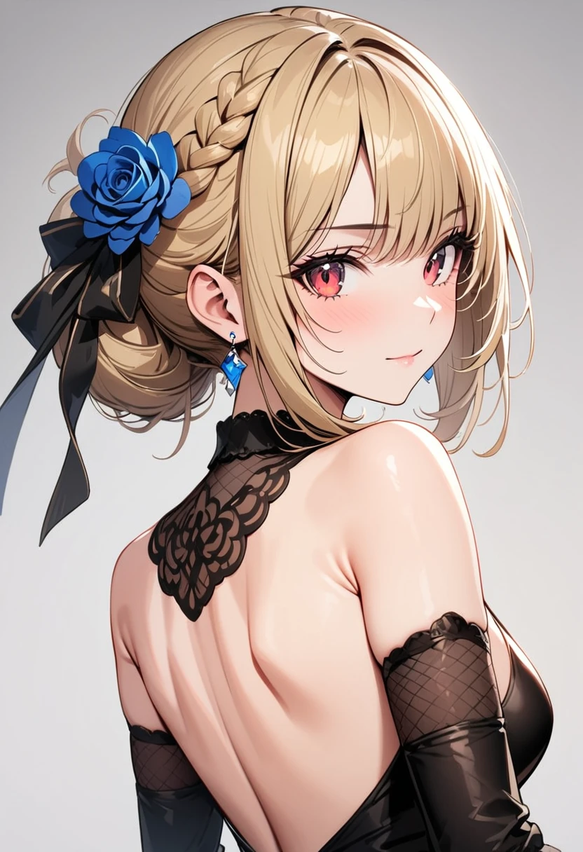 ((Masterpiece)), ((Best Quality)), (Very Detailed), ((Very Detailed)), 4K, (8K), very aesthetic, absurdres highres, 1 female, mature female, perfect anatomy, dress, solo, blonde hair, red eyes, hair ornament, jewelry, earrings, black dress, hair flower, flower, looking back, looking at viewer, breasts, from behind, braid, blue flower, back, grey background, bare shoulders, simple background, sidelocks, detached sleeves, bow, gloves, medium breasts, elbow gloves, hair bun, backless outfit, black bow, necklace, backless dress, closed mouth, rose, single hair bun, shoulder blades, strapless dress, upper body