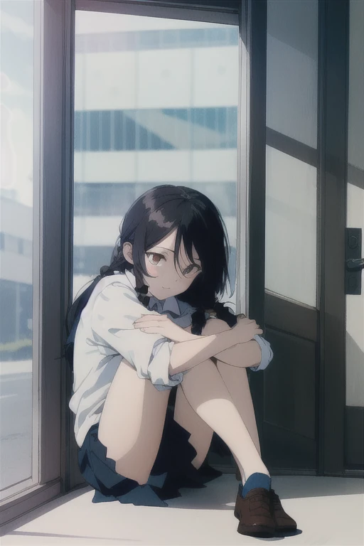 (raw photo, best quality),  girl,  natural lighting, school uniform, long black hair, hairstyle in a single braid, golden eyes, sitting on the floor, hugging her legs, leaning back against the door, staring blankly out the window, ((Sample work))