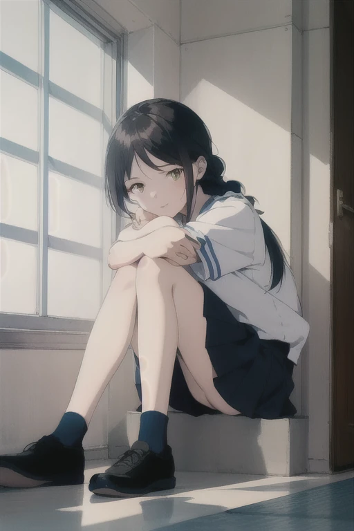 (raw photo, best quality),  girl,  natural lighting, school uniform, long black hair, hairstyle in a single braid, golden eyes, sitting on the floor, hugging her legs, leaning back against the door, staring blankly out the window, ((Sample work))