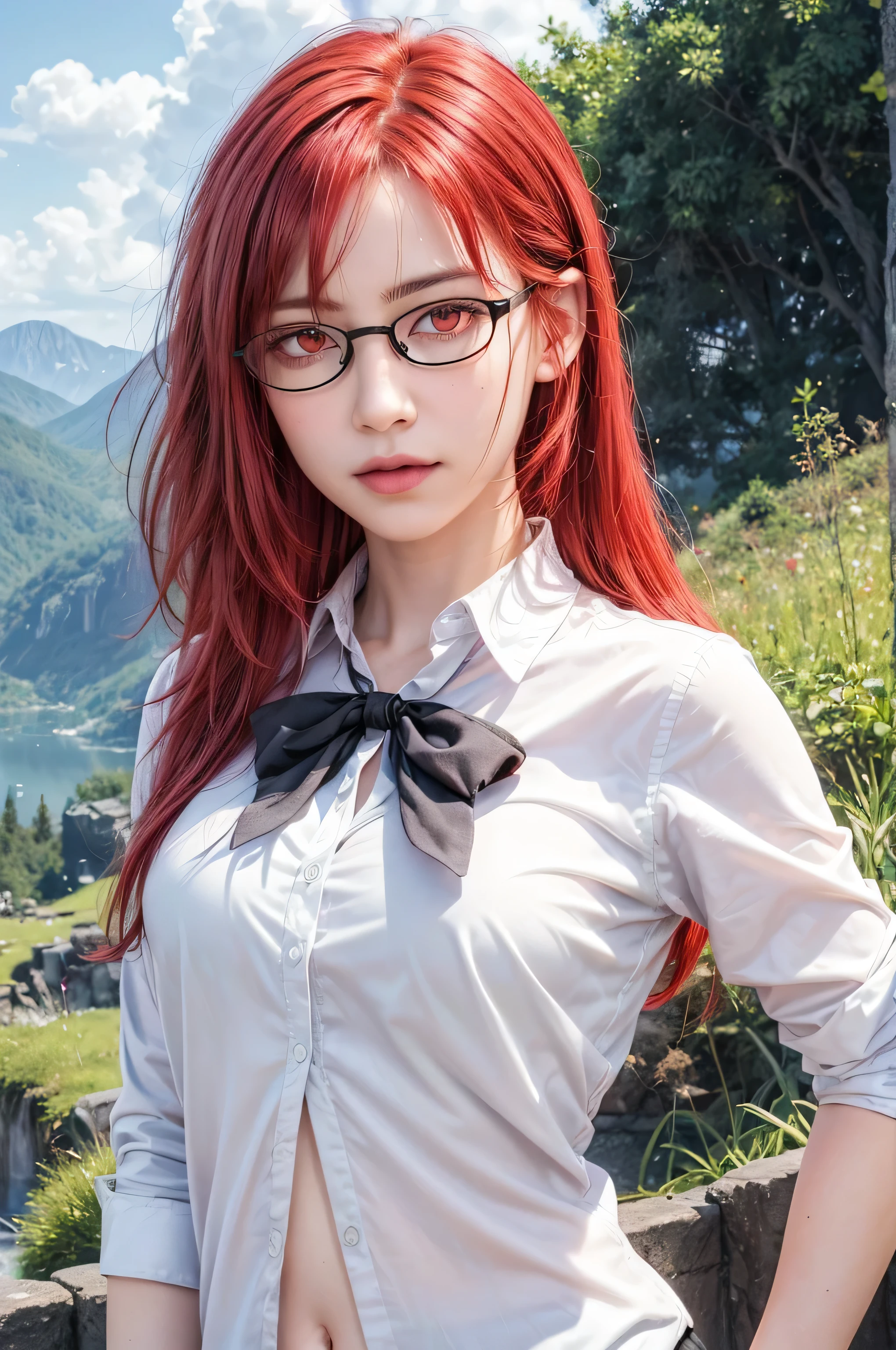 masterpiece, best quality, (realistic,photo-realistic:1.4), (RAW photo:1.2), extremely detailed CG unity 8k wallpaper, delicate and beautiful, amazing,finely detail, official art, absurdres, incredibly absurdres, huge filesize, ultra-detailed,extremely detailed eyes and face,light on face,karin uzumaki,(little smile),(red hair:1.4),(long hair:1.4),(wearing black framed glasses:1.5),(nature background:1.4),ribbon,wearing shirt,(wessy hair:1.5),(red eyes:1.6)