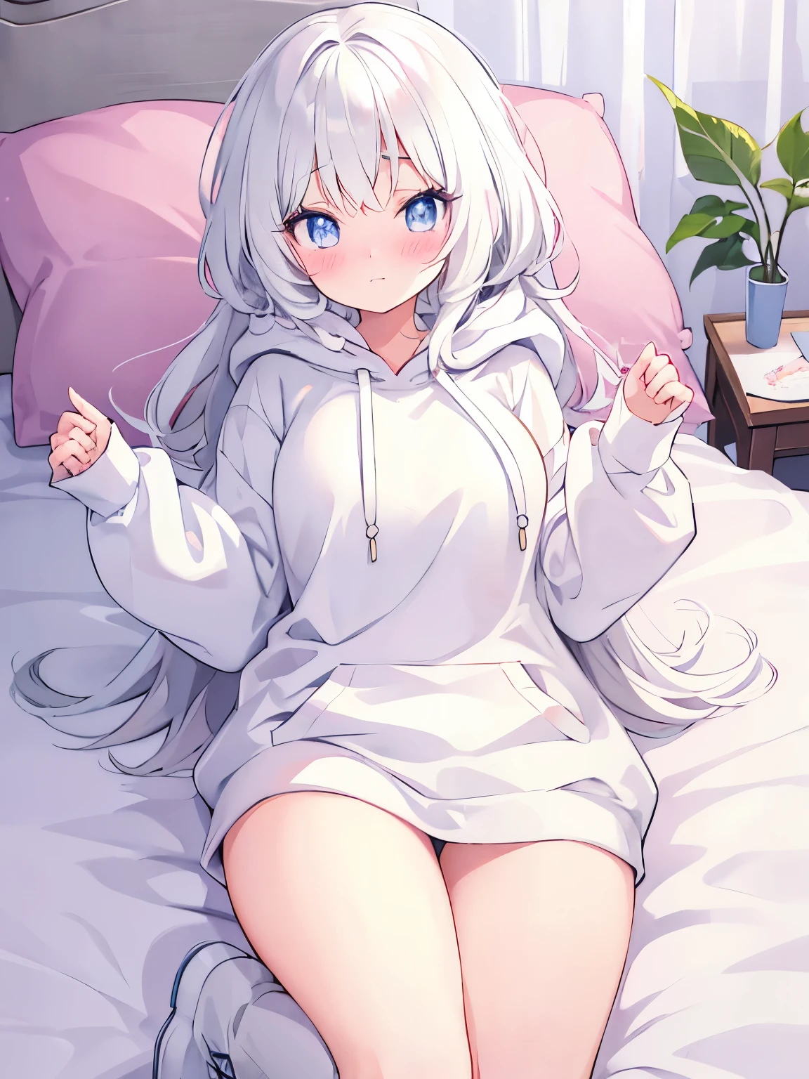 Cute anime girl, white light skin, white fluffy hair, thick eyelashes, narrow eyes, blushing, big white hoodie, exposed thighs, white long boots, laying in a bed, white bed sheet, white pillows