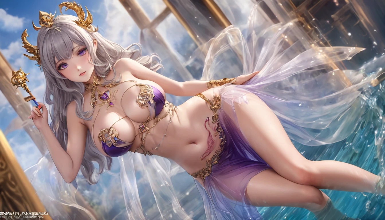 high quality,HD,16K,Sharp Line,1 Girl,fantasy, （Ice and Fire Goddess）,Pretty Face, Large Breasts, Beautiful legs,In the water,Focus Girl,detailed Pretty Face,Detailed clothes,beautiful eyes,Cool,Sexy,Dynamic Angle,穿着华服的神明Strike a pose拍照, Ancient mysterious sexy goddess, Traditional beauty woman, Beautiful female warrior god of war , Beautiful sexy goddess, Gorgeous role-playing, high, Beautiful young girl, Beautiful woman, 华丽Beautiful woman, Complex clothing,Chinese Mystical Aesthetics, Beautiful goddess ancient mysterious girl, Extremely detailed shot of the goddess, Jaw-dropping sexy beauty, Big breasts deep neckline sexy belly button（butt), (bedroom), (Sexy Girls), masterpiece, Best quality, Bangs, blush, Chest, clavicle, Eyebrows visible through hair, (Ombre gold hair), Jewelry, Long hair,Bright Eyes, ring, (solitary), illustration, fashionable, miss, Strike a pose, background, element, confident, Express, Accessories, majestic, striking, key point, Dynamic poses, ((plump)), (purple))woman in transparent dress,Viewer,(((Full breasts, Keeley University))),Slim waist,(Navel exposed,Bare waist), Long hair, Extremely detailed details, 详细的fantasy艺术, Stunning character art, Beautiful and exquisite character art, Beautiful transparent dress, Very detailed, Large Breasts，Chest，Golden ratio figure，Beautiful figure，Ultra wide-angle shooting，Full body shot拍摄，Body close-up，Full body shot，Wearing a pleated tulle skirt，柔和动漫illustration, 柔和的深色background，Fujifilm XT3 Clear focus, f 5.6, High Detail, Clear focus,(Wearing openwork clothing),, (Natural Light), (Tempting)translucent, Good velvet quality, Compared, Divine Light,, Silver hair, 夜空background, Absolute Strength,Female Shinmei，穿着性感丝绸的Female Shinmei,，Large Breasts，Chest，Golden ratio figure，Beautiful figure，Ultra wide-angle shooting，Full body shot，Body close-up，Full body shot， Wearing a tulle dress, Model shooting style, Large Breasts，饱满Chest，Golden ratio figure，Beautiful figure，(Extremely detailed CG 8k wallpaper unit), The most beautiful artistic photos in the world, , 8K 超HD, ) ，Sexy姿态，Sexy表情，Best quality,masterpiece,Ultra-high resolution,(Practical:1.4),Original photo,Ultra-high resolution