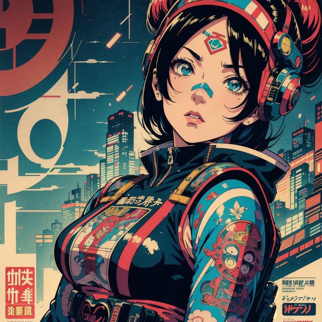 Japanese retro poster, best quality, 8k, ultra detailed, estilo anime 90's, 90's, cyberpunk scenario, ultra detailed tattoos,poster vintage ultra detailed, vibrant colors, matte paper, newspaper texture, newsprint texture. 