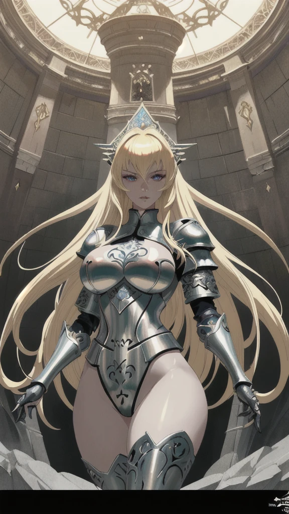 a medieval  anime lady knight with large breasts,exposed legs and breasts,blonde hair,blue eyes,beautiful detailed eyes,beautiful detailed lips,extremely detailed eyes and face,long eyelashes,intricate detailed ornate armor,epic fantasy,highres,8k,best quality,masterpiece,photorealistic,cinematic lighting,dramatic lighting,dramatic atmosphere,in a epic fantasy castle environment,volumetric fog,cinematic composition,ornate detailed background,Masterpiece, High Quality, Super Detailed, Anime Style, 