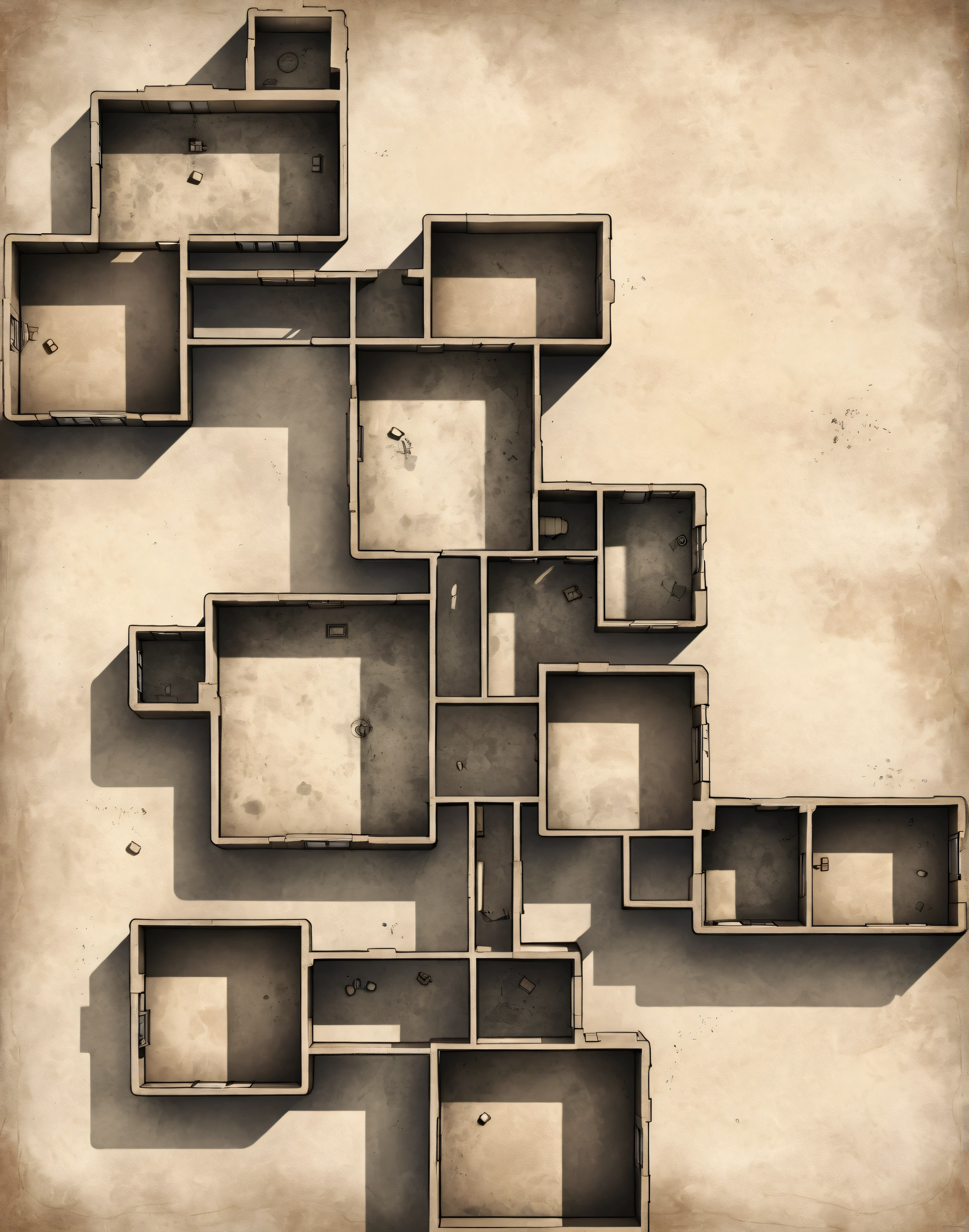 2D flat map, top-down view, bunker layout based on provided sketch, minimal depth, clear floor plan, simple, flat design, parchment texture, thick black outlines, detailed inside rooms, old paper, dark post-apocalyptic atmosphere, flat, minimalist, clean lines, cold and eerie, empty, follow the sketch layout exactly, thick black outlines
