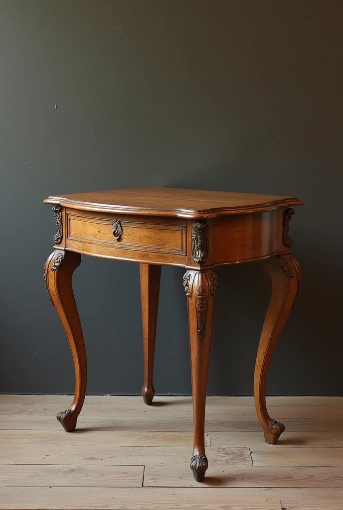 Design a vintage table that captures the charm and elegance of a bygone era. The table should have a sturdy wooden frame, with a rich, distressed finish that reveals the wood's natural grain and history. The tabletop could feature intricate inlays or a slightly worn patina, suggesting years of use and care. The legs should be gracefully turned or cabriole-shaped, with ornate carvings or fluted details, inspired by 18th or 19th-century designs. Consider adding subtle details like brass or bronze accents, such as drawer pulls or corner brackets, to enhance the antique feel. The overall design should evoke a sense of nostalgia and timelessness, making it a perfect piece for a cozy, vintage-inspired living or dining space