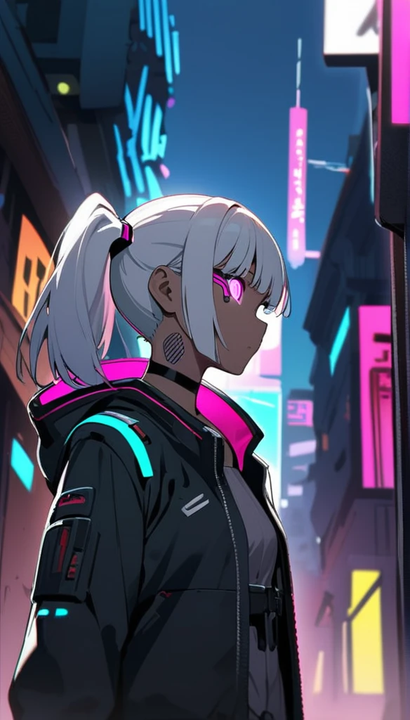 One girl, Cyberpunk, jacket, Silver hair ponytail,  superior半身, superior,  Little,