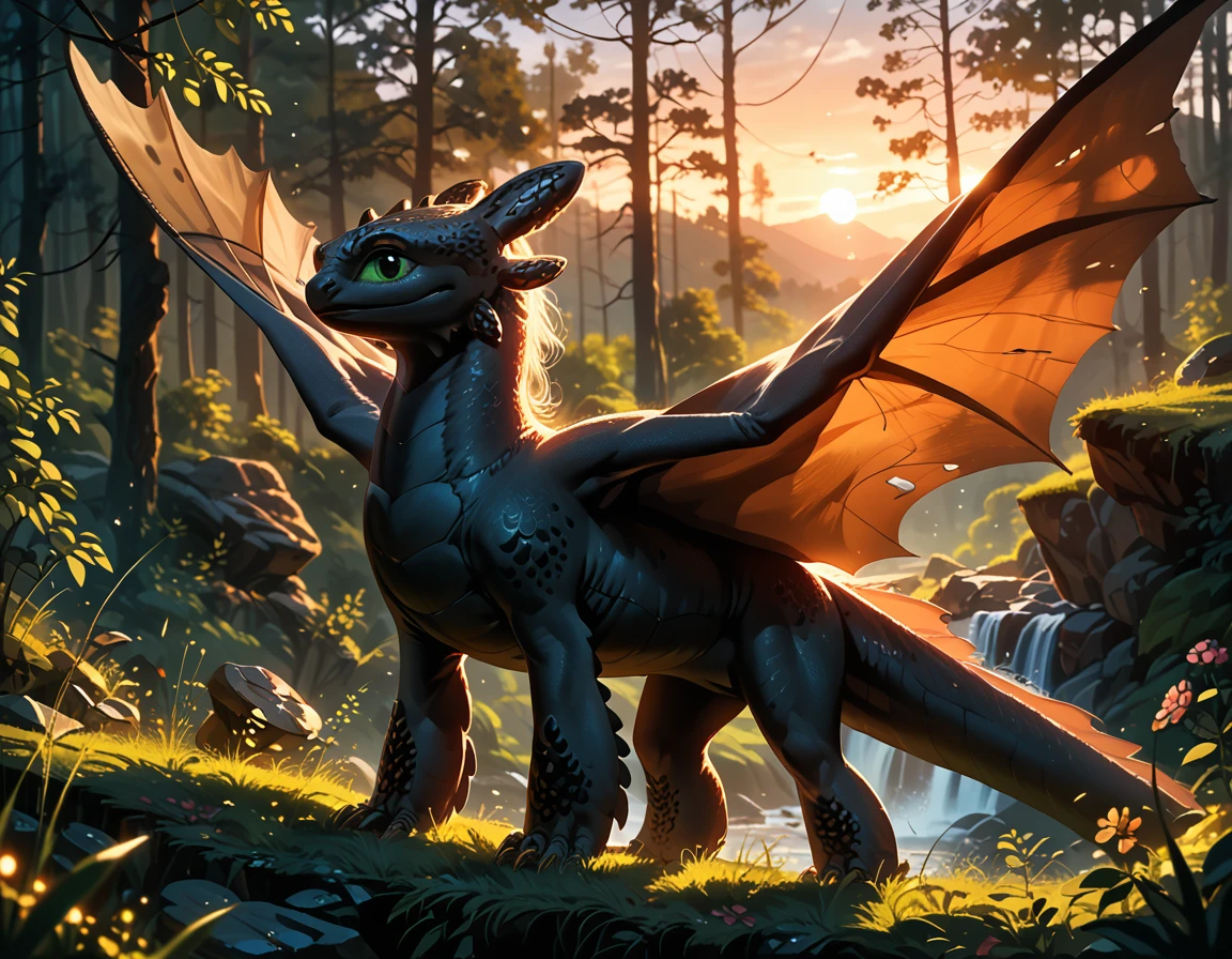 photorealistic, rating_safe, cinematic film still, (t00thl3ss from HTTYD:1.4), dimly lit, lush forest, enjoying the view, (cinematic lighting:1.2),, (sunset:1.2), sallow depth of field, vignette, highly detailed, high budget, bokeh, cinemascope, moody, epic, gorgeous, film grain, grainy, (ultra-detailed), (best illustration), (best shadow), (absurdres), (detailed background), (very aesthetic).