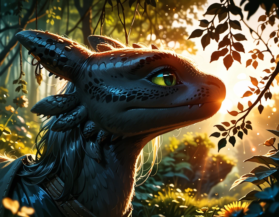 photorealistic, rating_safe, cinematic film still, (t00thl3ss from HTTYD:1.4), dimly lit, lush forest, enjoying the view, (cinematic lighting:1.2),, (sunset:1.2), sallow depth of field, vignette, highly detailed, high budget, bokeh, cinemascope, moody, epic, gorgeous, film grain, grainy, (ultra-detailed), (best illustration), (best shadow), (absurdres), (detailed background), (very aesthetic).