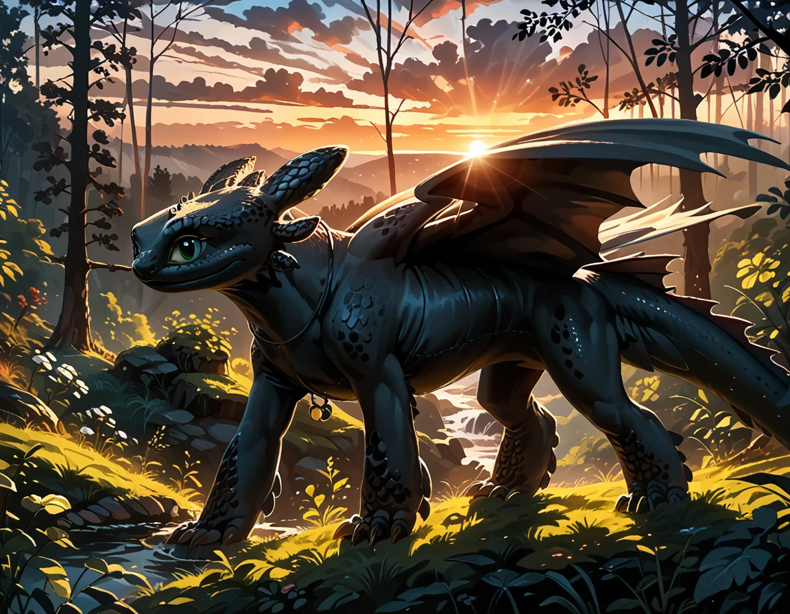 photorealistic, rating_safe, cinematic film still, (t00thl3ss from HTTYD:1.4), dimly lit, lush forest, enjoying the view, (cinematic lighting:1.2),, (sunset:1.2), sallow depth of field, vignette, highly detailed, high budget, bokeh, cinemascope, moody, epic, gorgeous, film grain, grainy, (ultra-detailed), (best illustration), (best shadow), (absurdres), (detailed background), (very aesthetic).